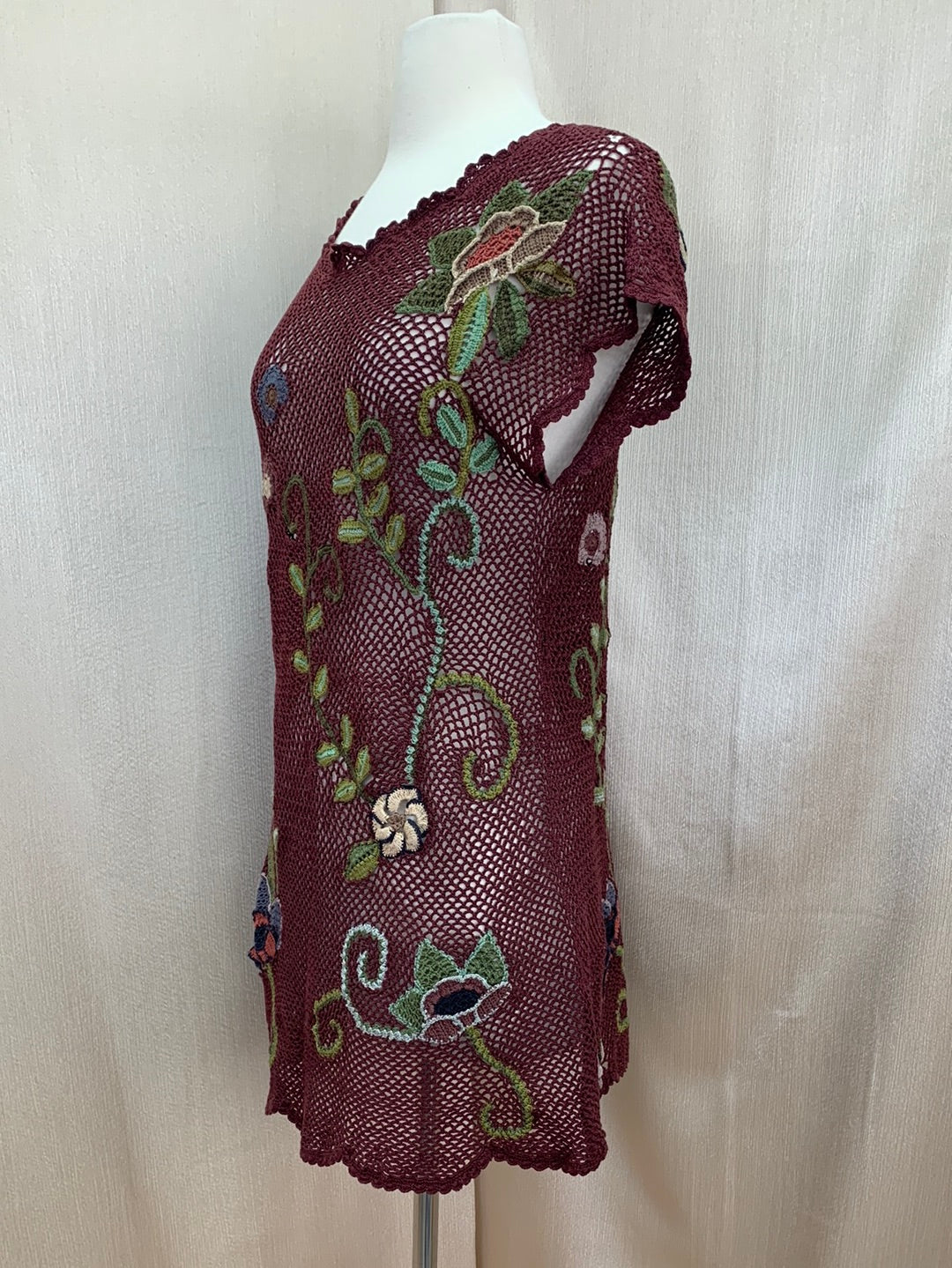 PERUVIAN CONNECTION maroon green Pima Cotton Crochet Floral Top - L