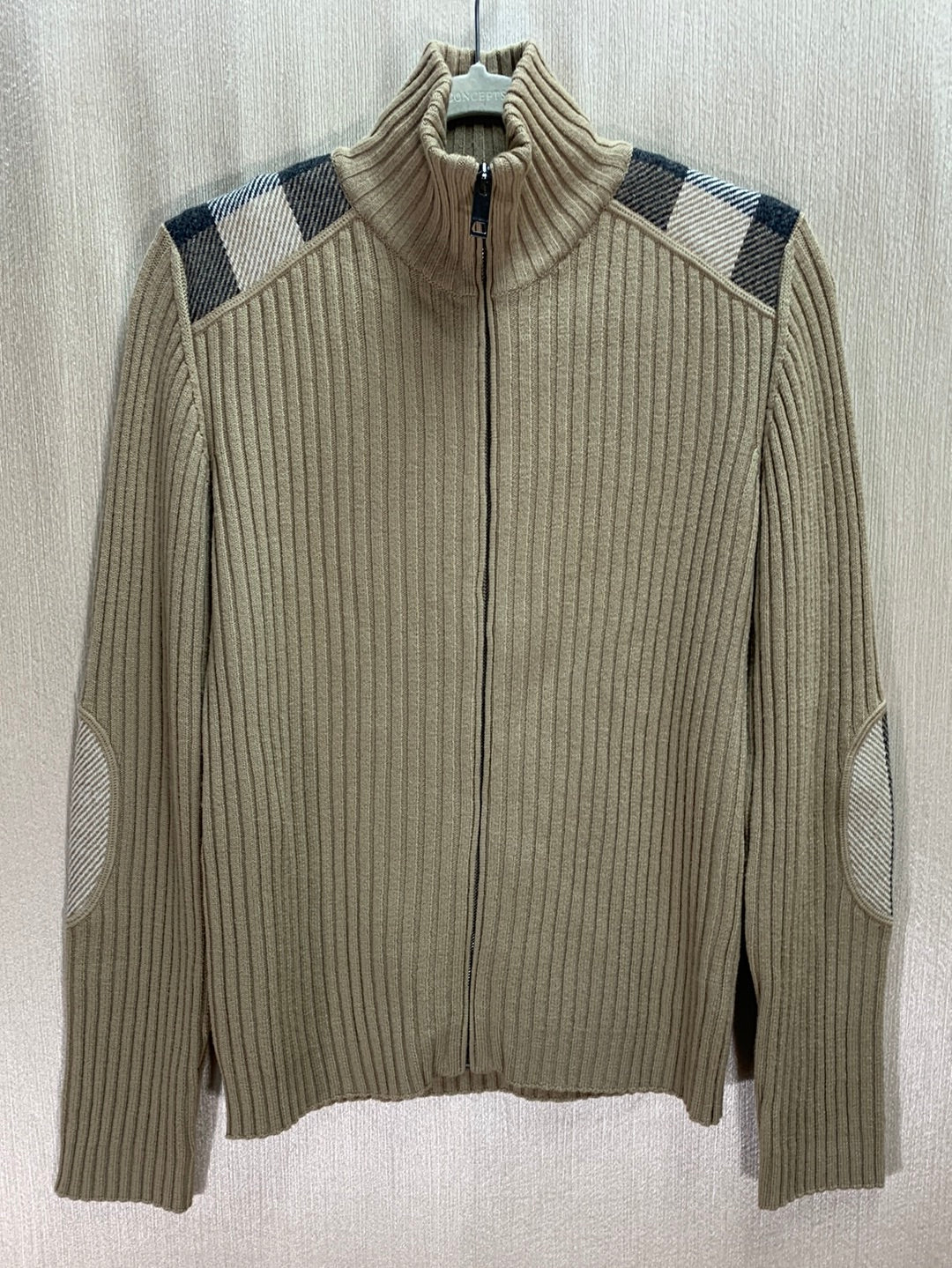 BURBERRY LONDON tan Merino Wool Plaid Shoulder Zip Jacket Cardigan - M