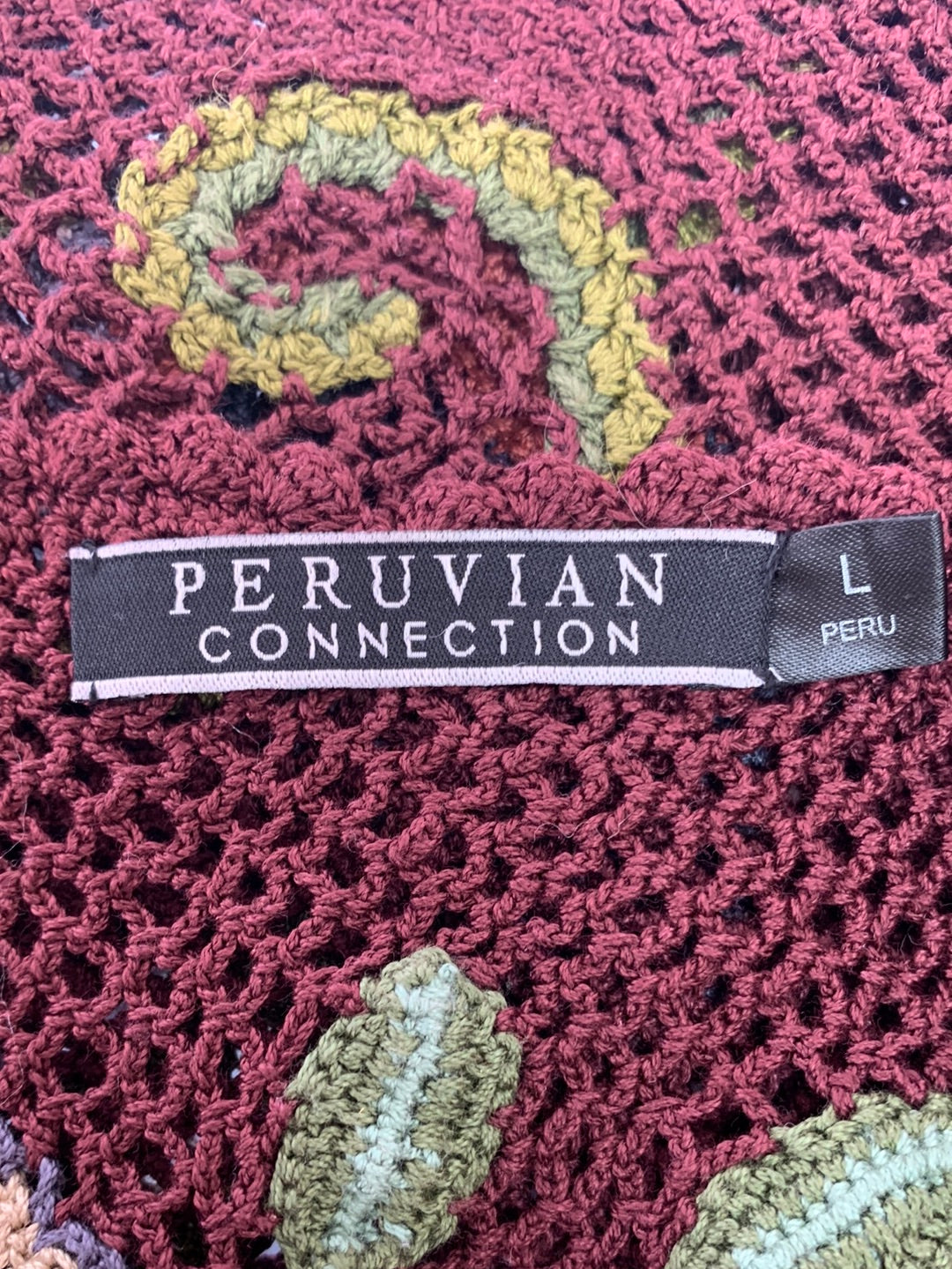PERUVIAN CONNECTION maroon green Pima Cotton Crochet Floral Top - L