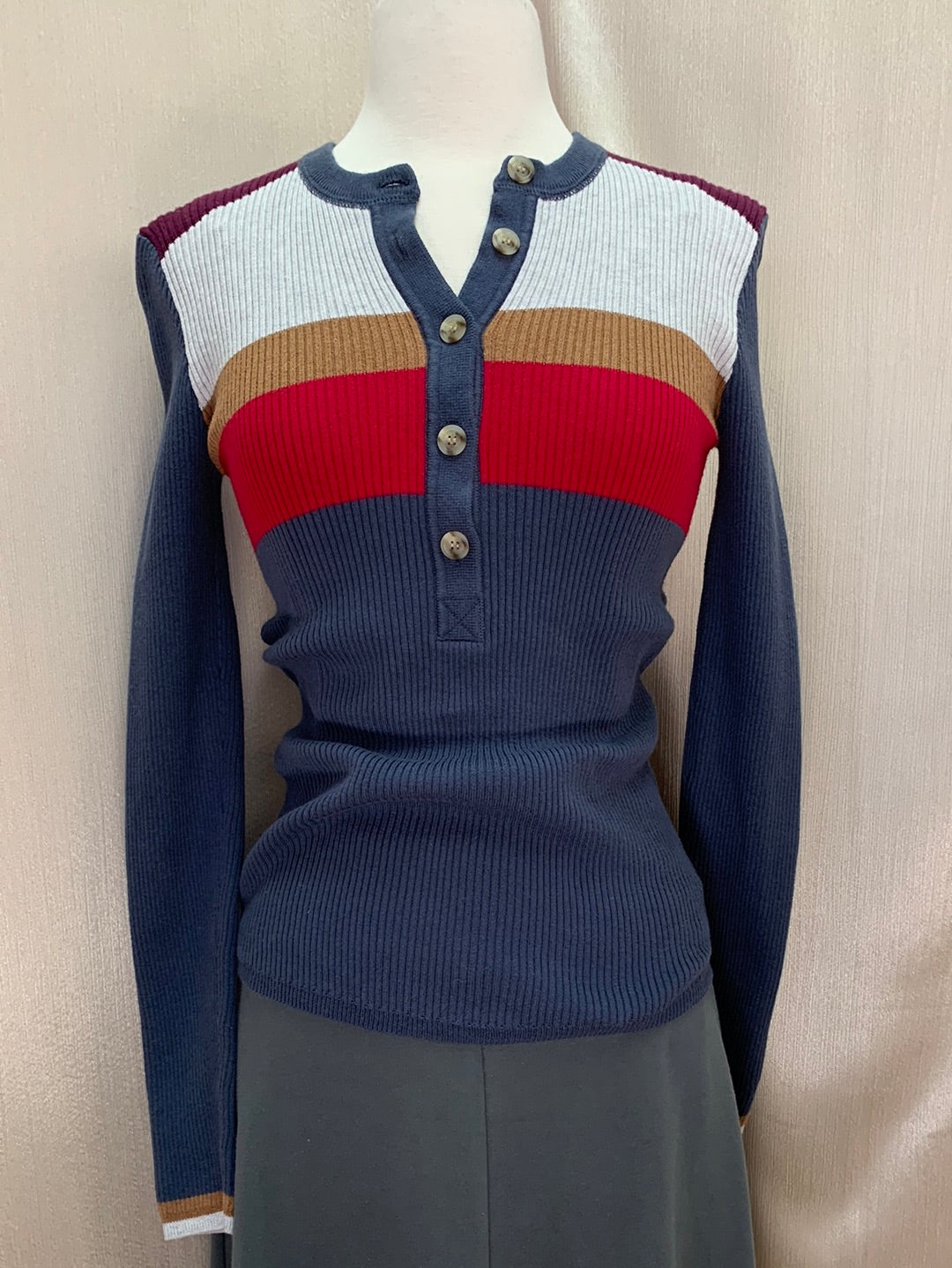 FAHERTY grey multicolor Retro Stripe Organic Cotton Mikki Henley Top - XS
