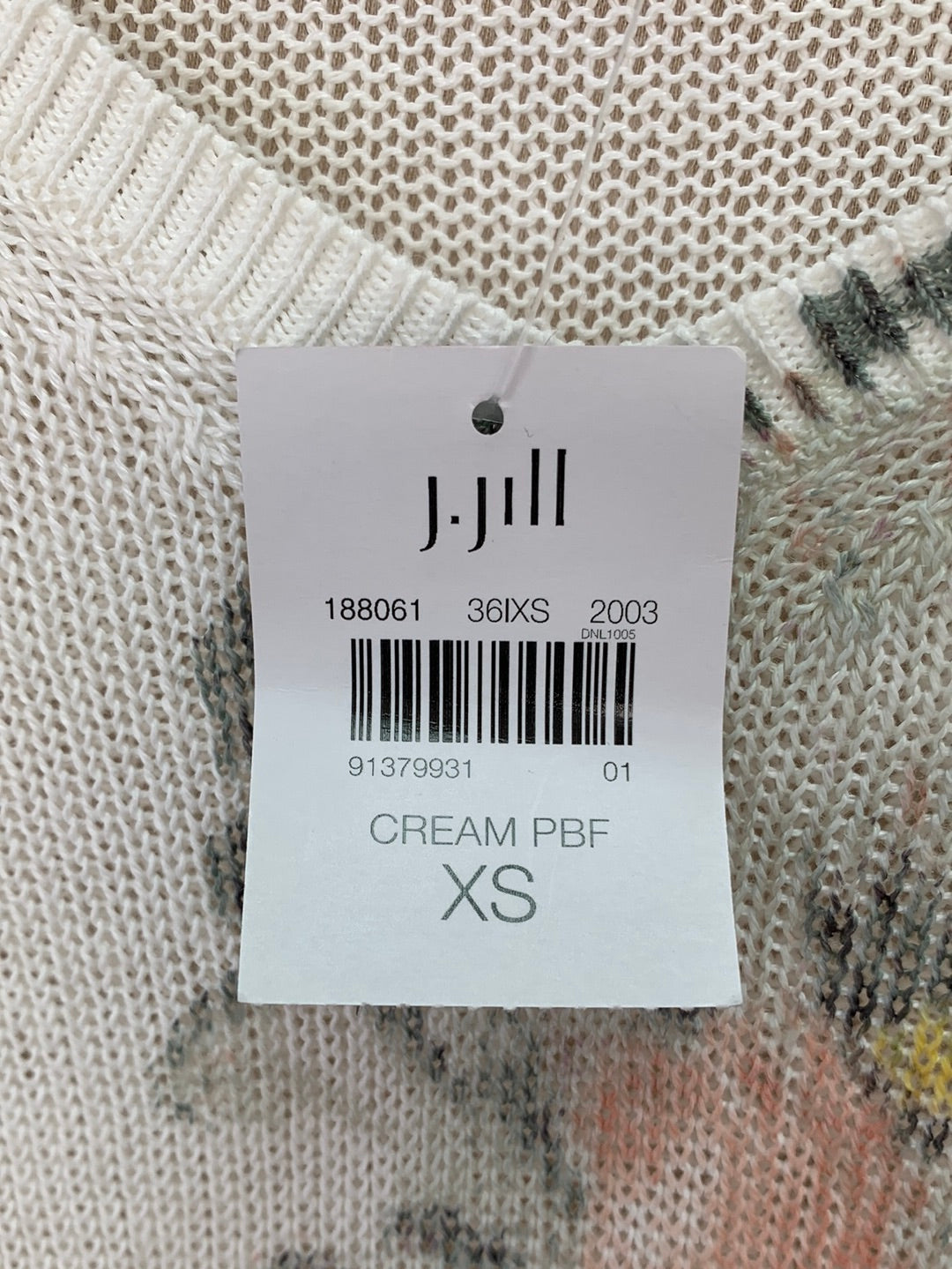 NWT - J JILL cream Floral Linen Blend 3/4 Sleeve V-Neck Sweater Top - XS