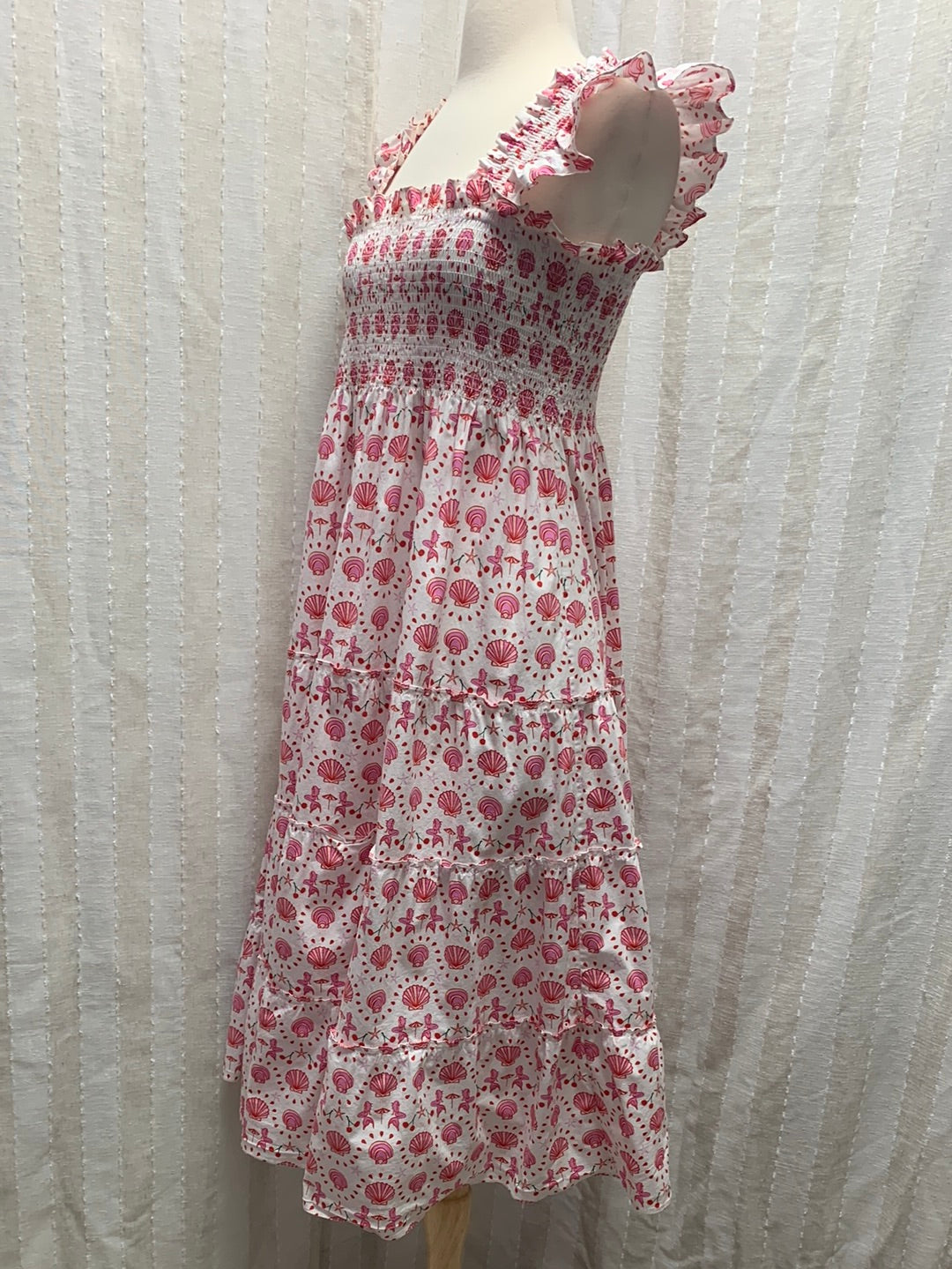 HILL HOUSE pink print Mermaid Cherry Midi Ellie Nap Dress - Medium (repairs needed)