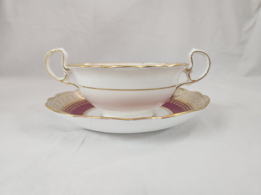 VTG - Aynsley Maroon & Gold Leaf Footed Cream Soup Bowl w/ Saucer #6692