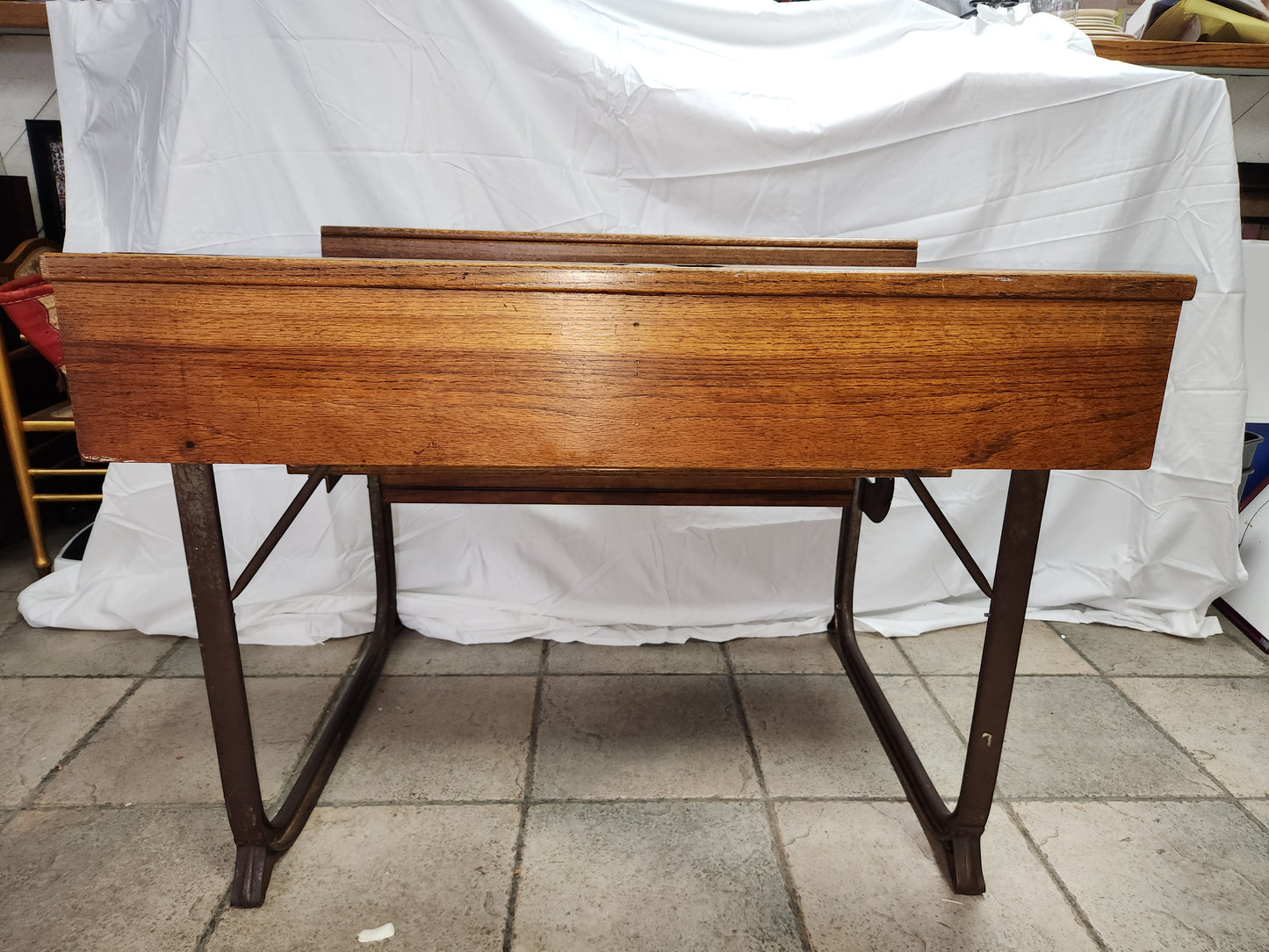 RARE/VTG Bromwich Duel Oak Desk w/Bench & Brass Ink Wells by KingFisher - LOCAL PICK-UP ONLY