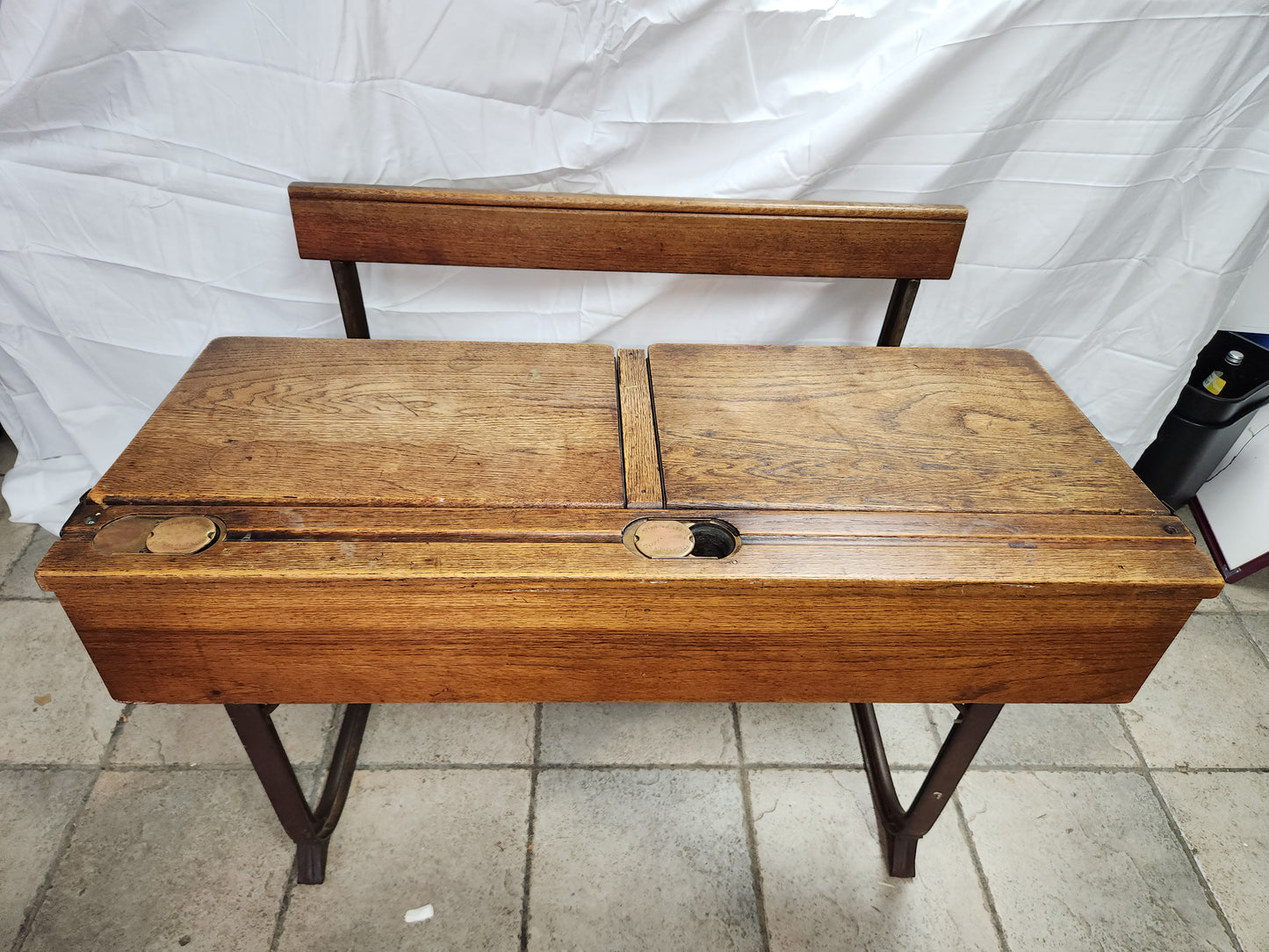 RARE/VTG Bromwich Duel Oak Desk w/Bench & Brass Ink Wells by KingFisher - LOCAL PICK-UP ONLY