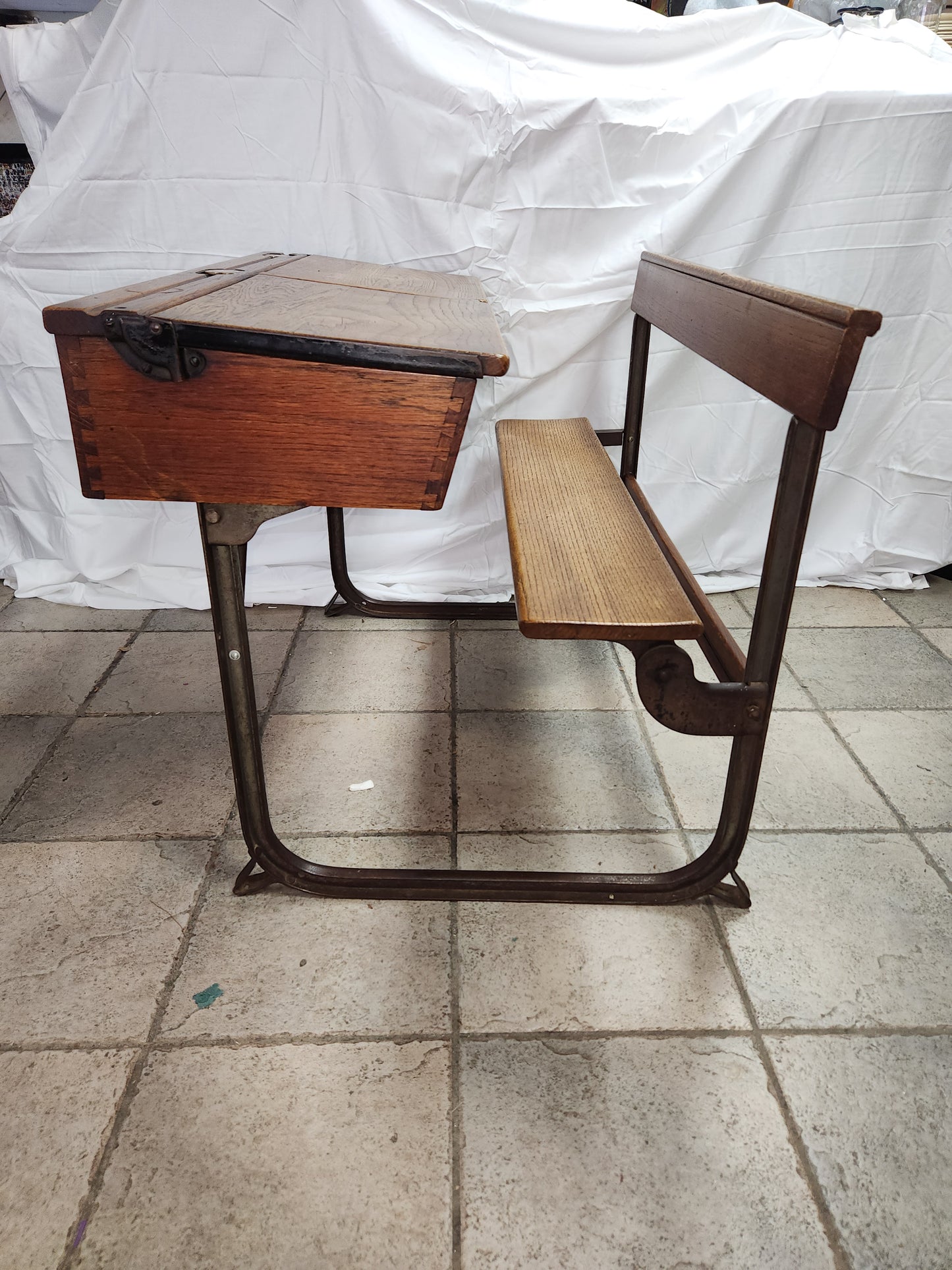 RARE/VTG Bromwich Duel Oak Desk w/Bench & Brass Ink Wells by KingFisher - LOCAL PICK-UP ONLY