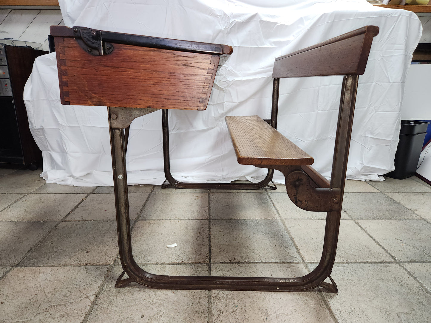 RARE/VTG Bromwich Duel Oak Desk w/Bench & Brass Ink Wells by KingFisher - LOCAL PICK-UP ONLY