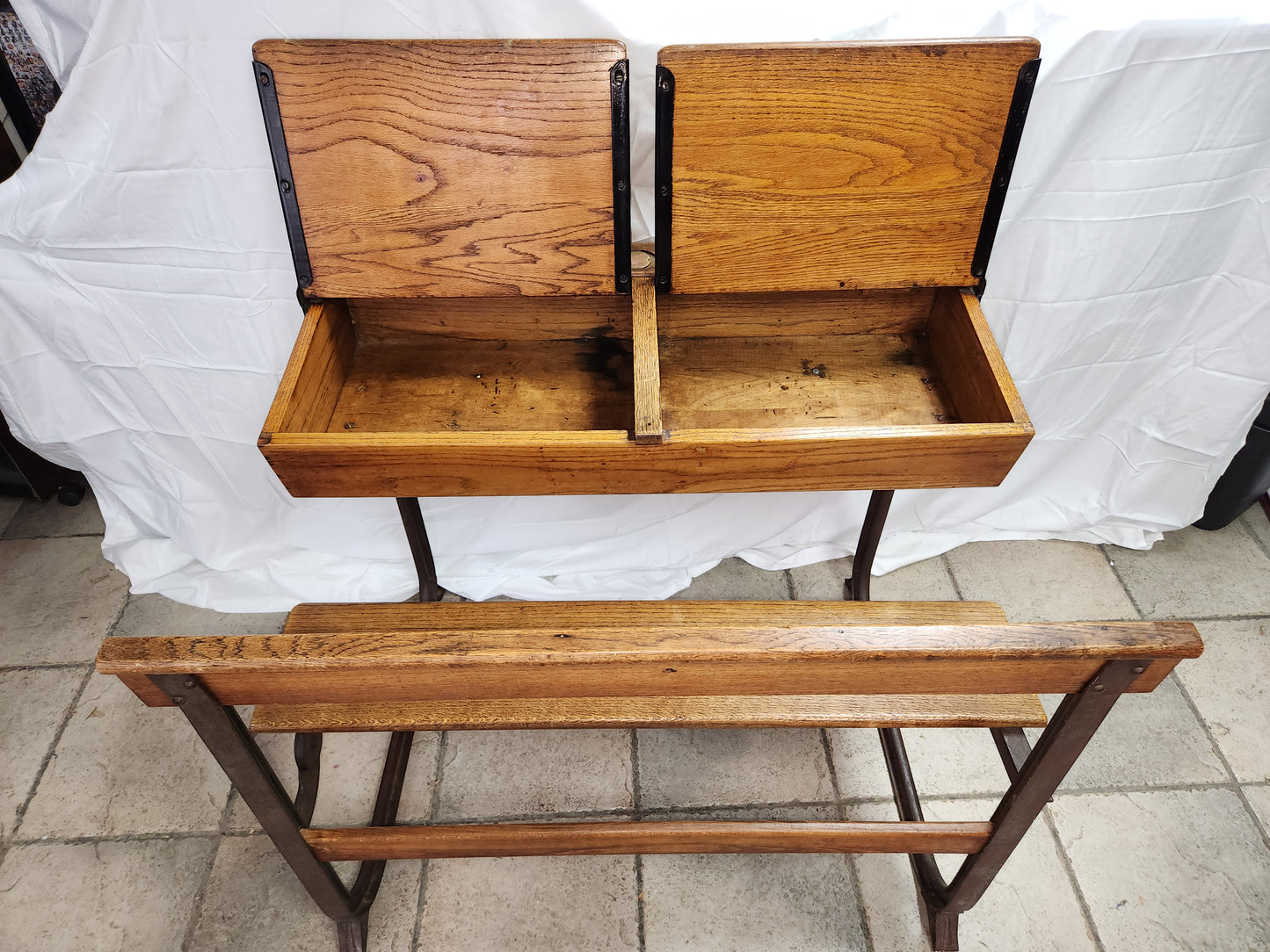 RARE/VTG Bromwich Duel Oak Desk w/Bench & Brass Ink Wells by KingFisher - LOCAL PICK-UP ONLY