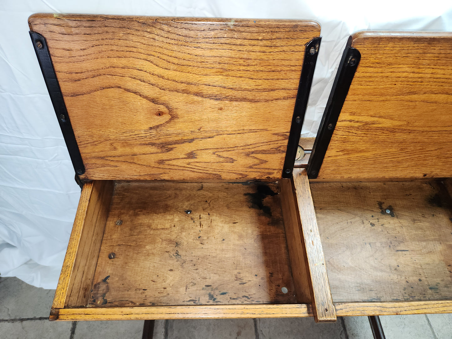 RARE/VTG Bromwich Duel Oak Desk w/Bench & Brass Ink Wells by KingFisher - LOCAL PICK-UP ONLY