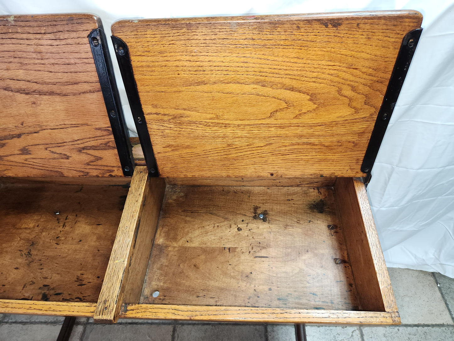 RARE/VTG Bromwich Duel Oak Desk w/Bench & Brass Ink Wells by KingFisher - LOCAL PICK-UP ONLY