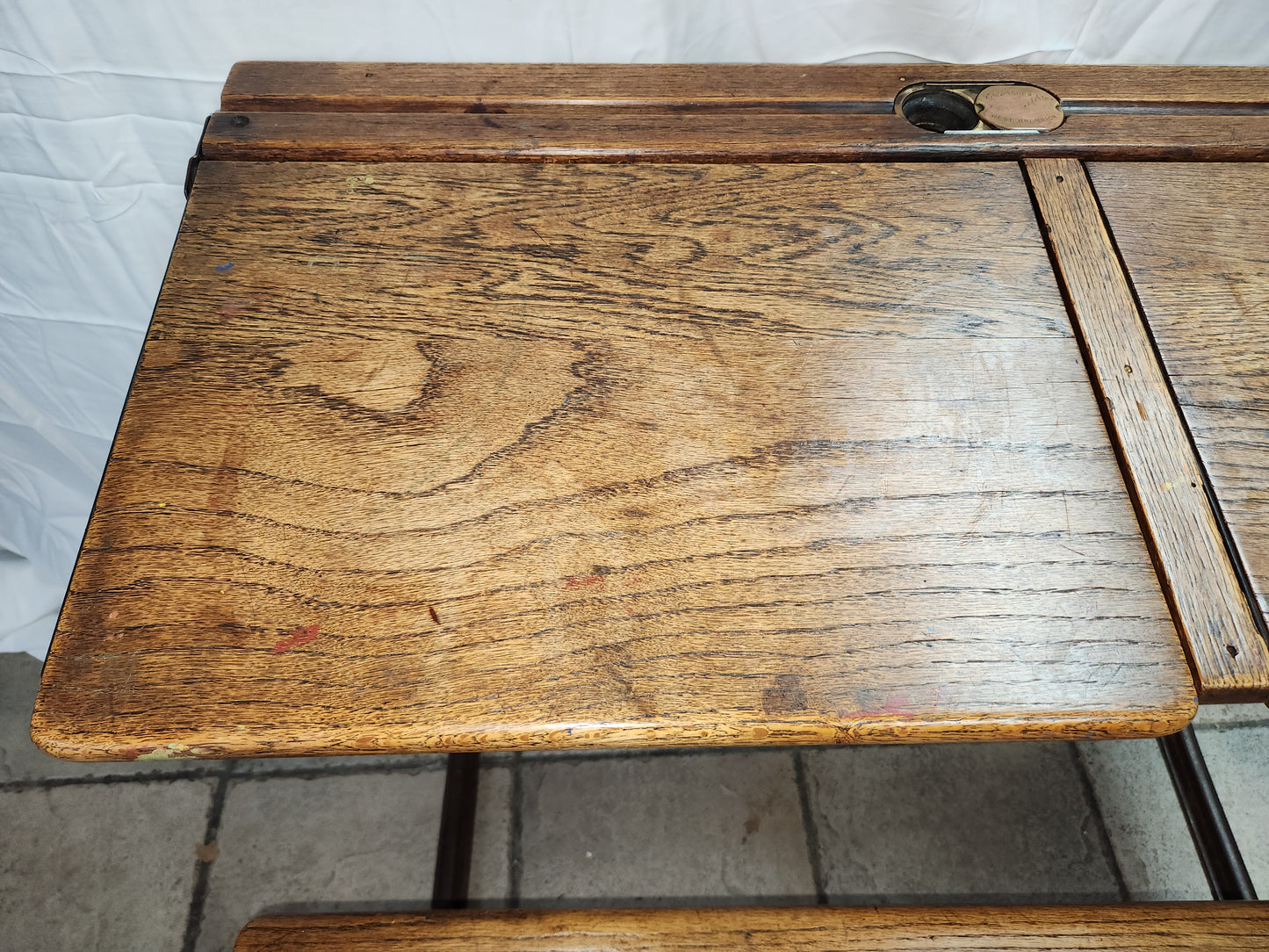RARE/VTG Bromwich Duel Oak Desk w/Bench & Brass Ink Wells by KingFisher - LOCAL PICK-UP ONLY