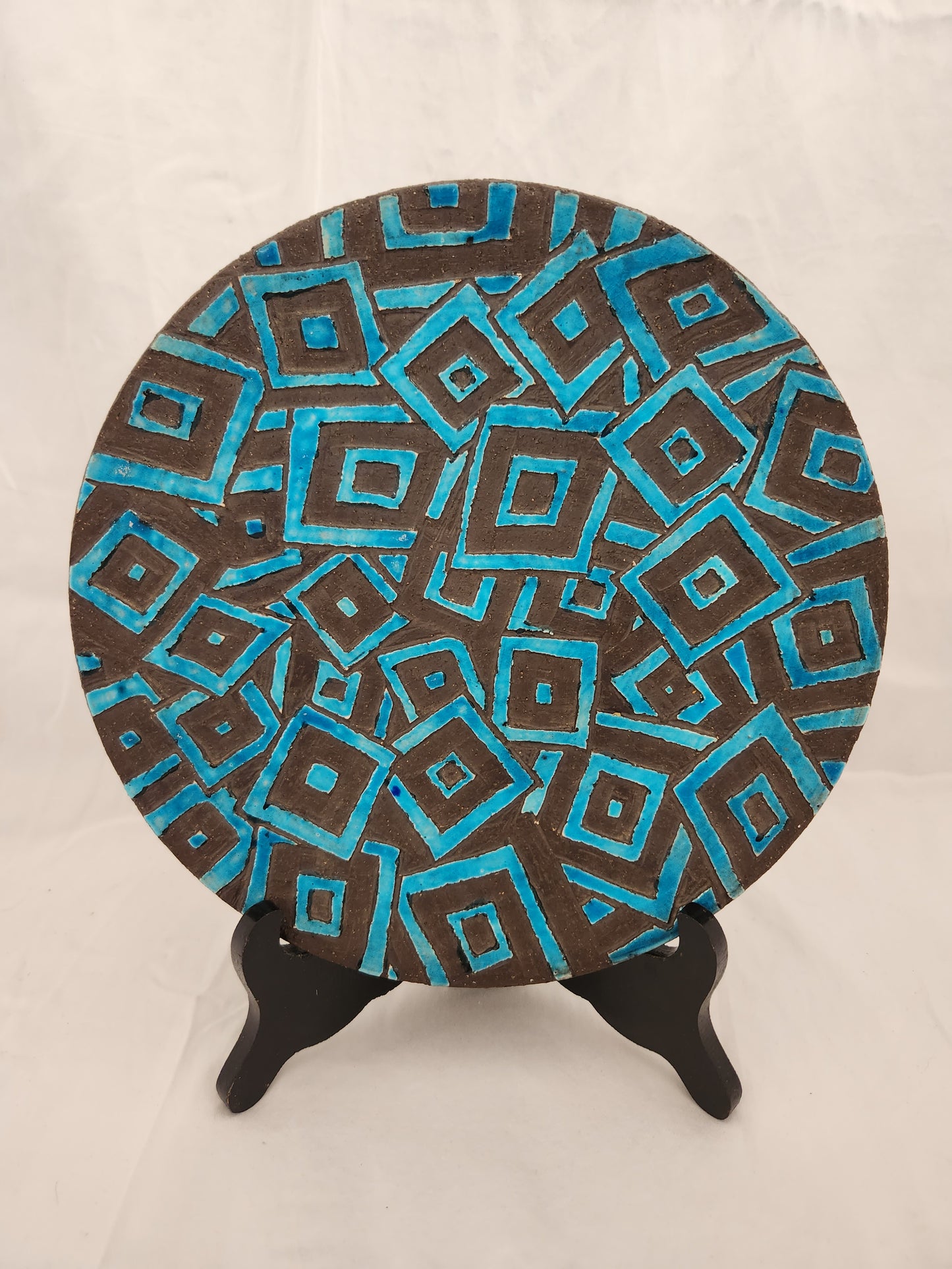 9" Handmade Earthenware Wall Art w/Hand Painted Teal Designs - Signed
