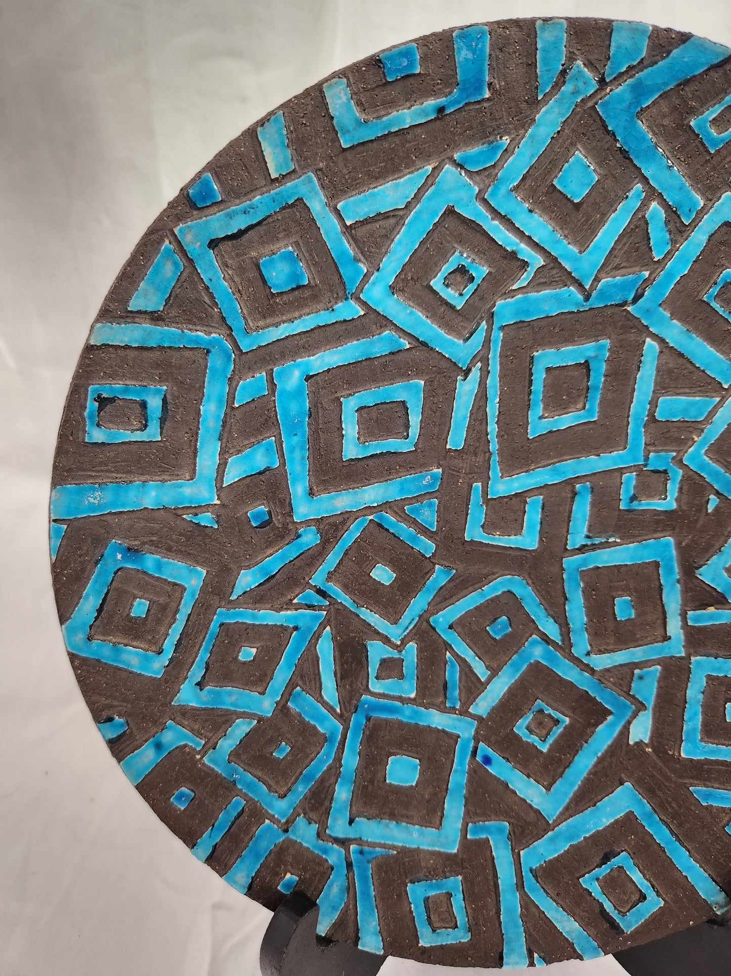 9" Handmade Earthenware Wall Art w/Hand Painted Teal Designs - Signed