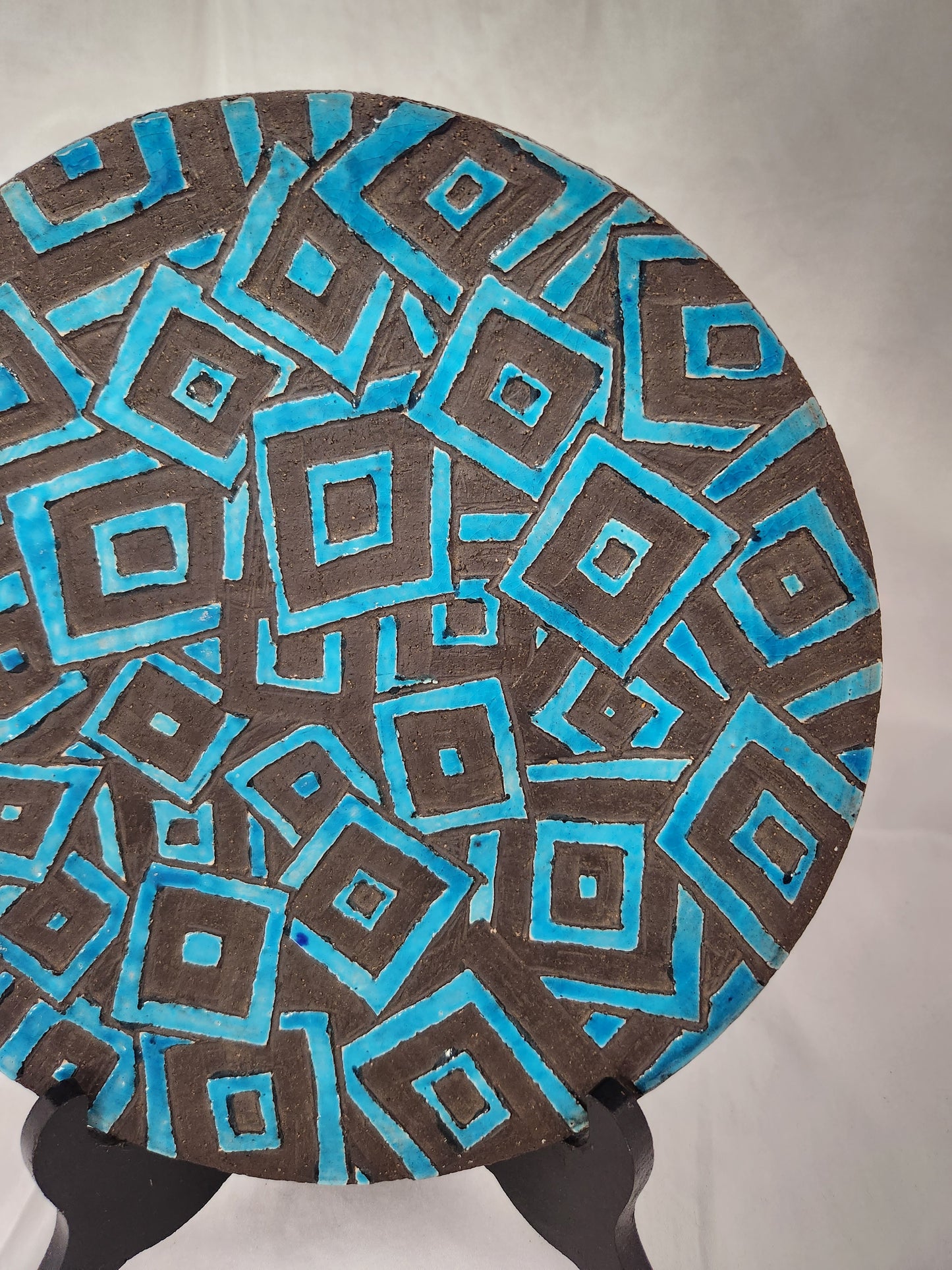 9" Handmade Earthenware Wall Art w/Hand Painted Teal Designs - Signed