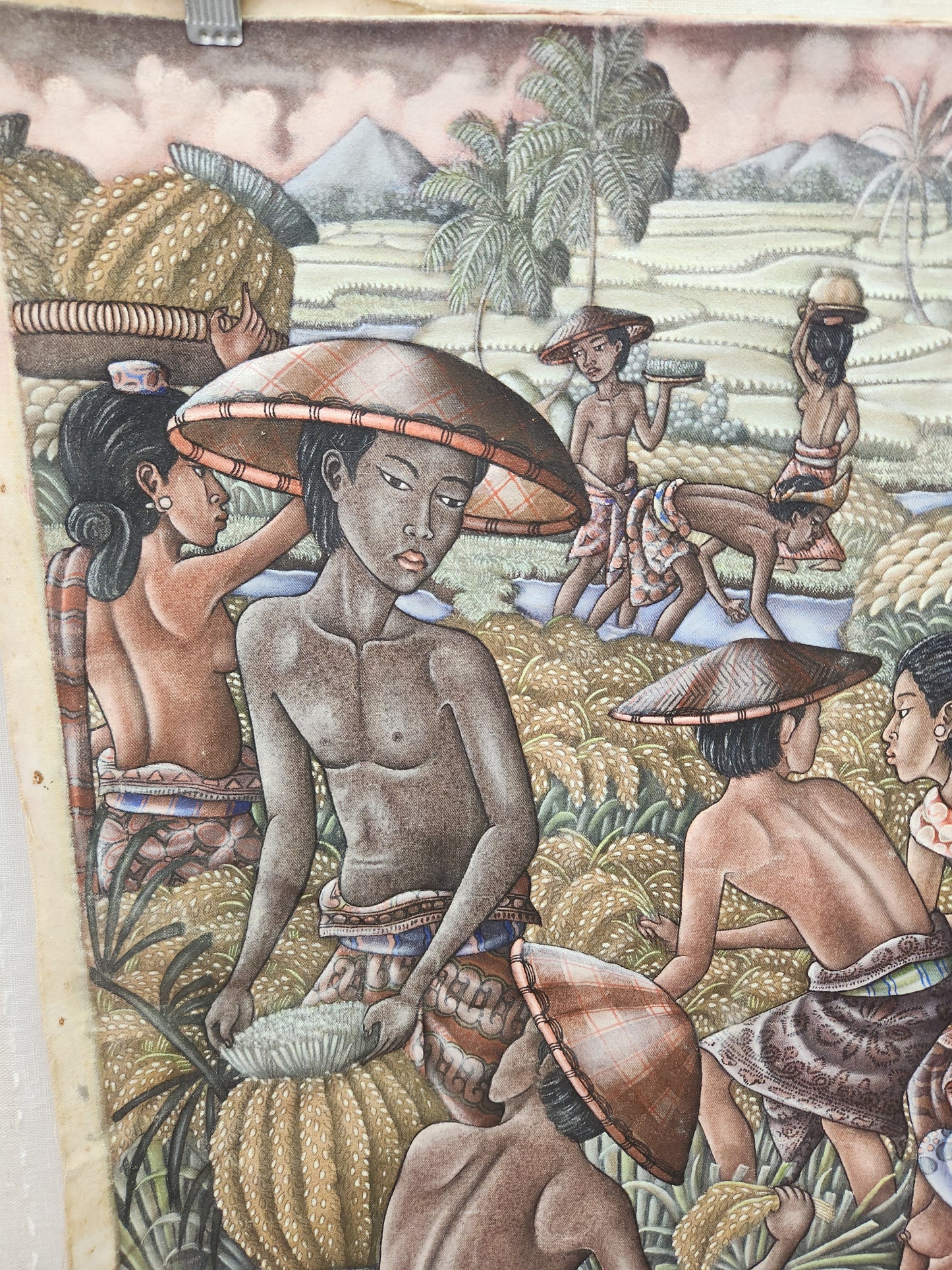 VTG - Darma - Padangtegal Ubud-Bali "Harvest Time" Watercolor on Fabric Painting - 17.5x25.5
