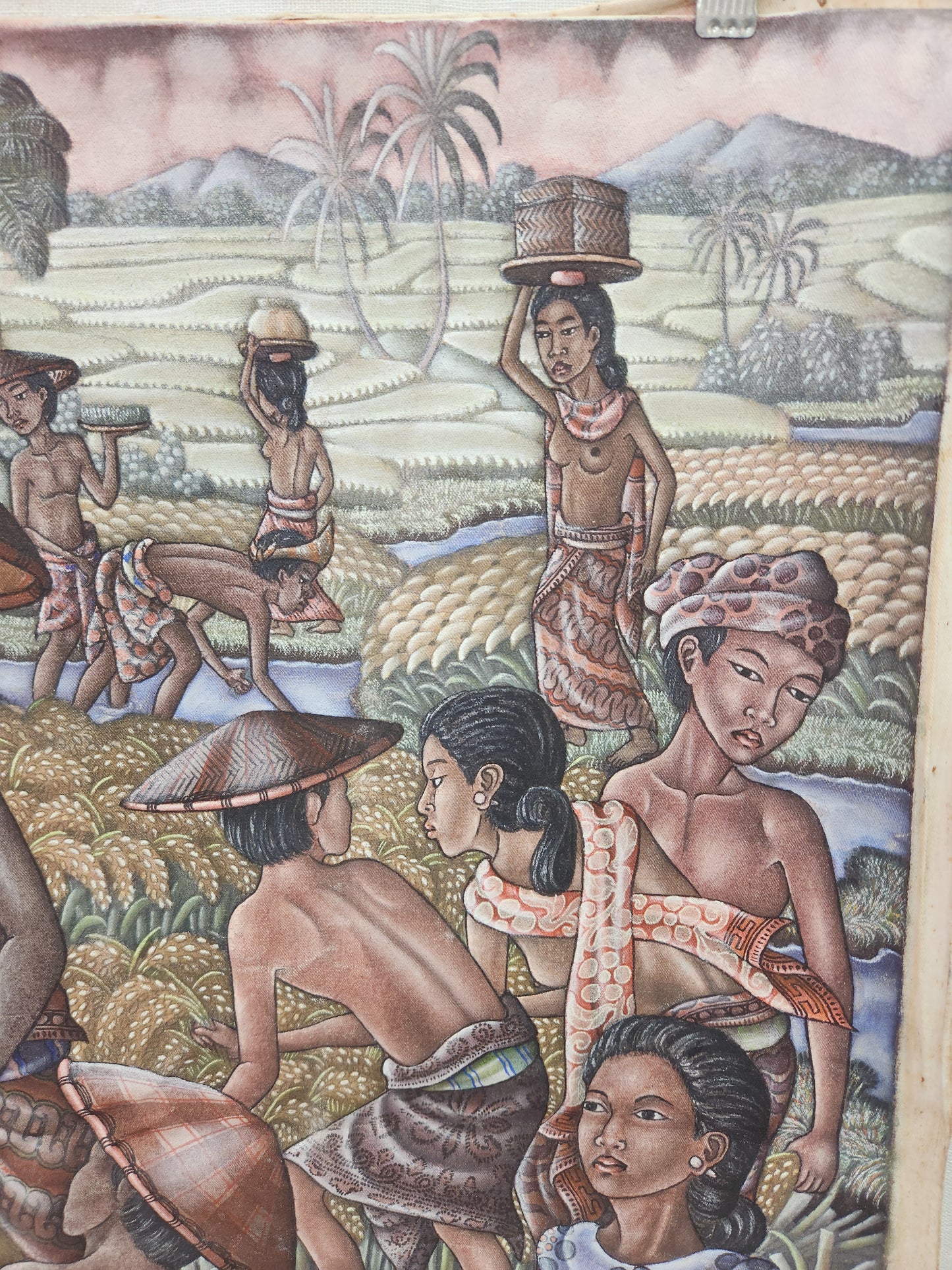 VTG - Darma - Padangtegal Ubud-Bali "Harvest Time" Watercolor on Fabric Painting - 17.5x25.5