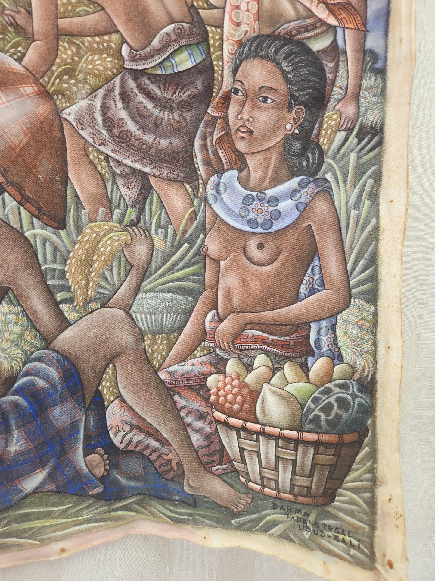 VTG - Darma - Padangtegal Ubud-Bali "Harvest Time" Watercolor on Fabric Painting - 17.5x25.5