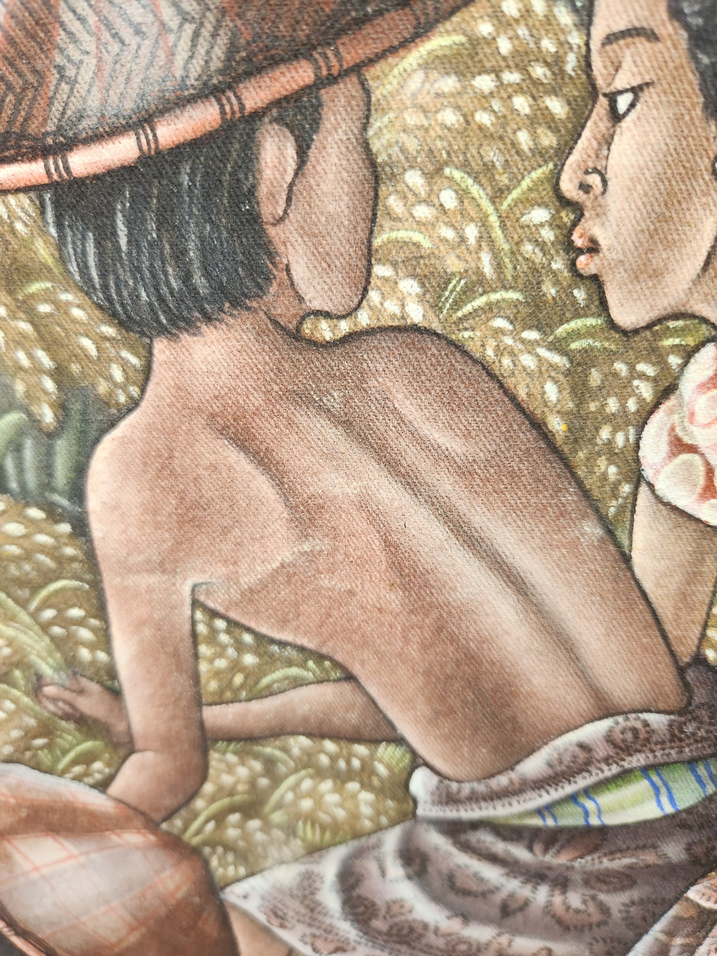 VTG - Darma - Padangtegal Ubud-Bali "Harvest Time" Watercolor on Fabric Painting - 17.5x25.5