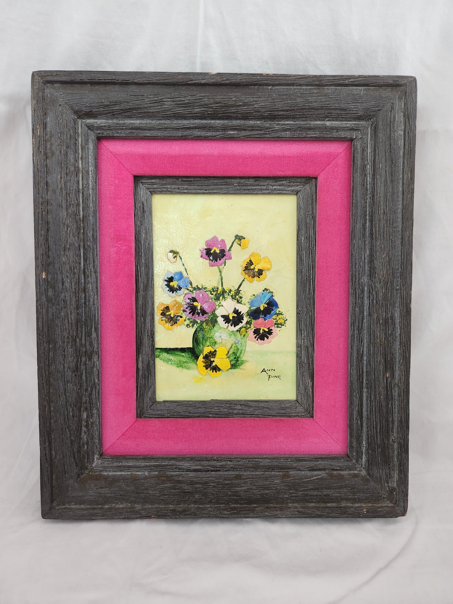 Signed ANN PINE 5x7 Oil and Lacquered Eggshell Painting in wood frame