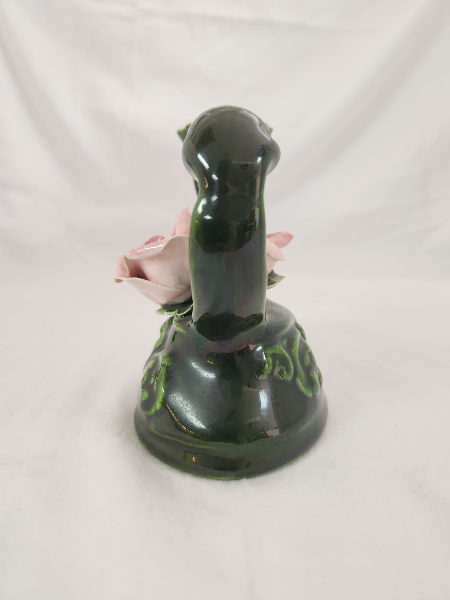 Green Ceramic Candle Holder w/Two Pink Capodimonte Style Roses