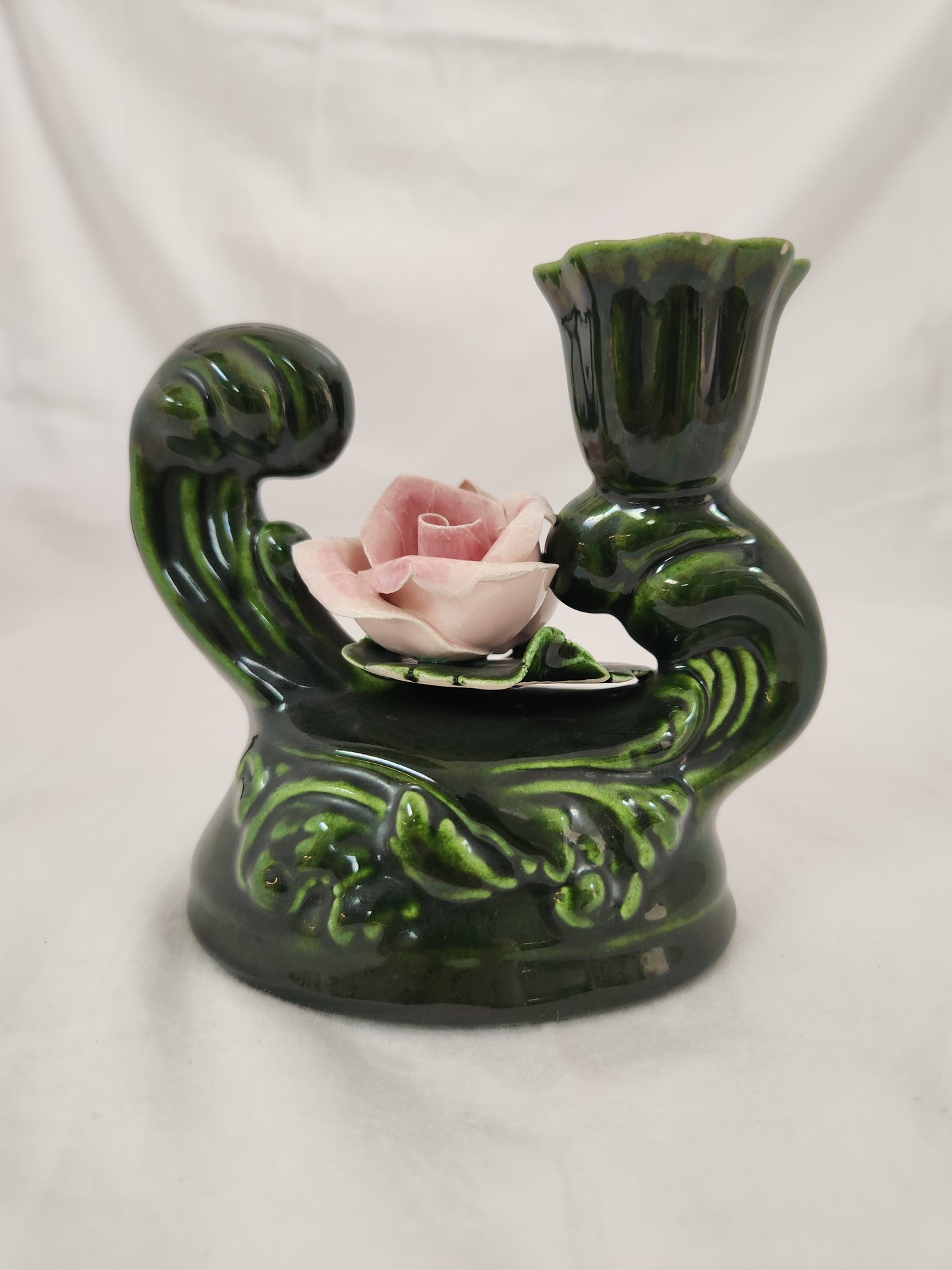 Green Ceramic Candle Holder w/Two Pink Capodimonte Style Roses