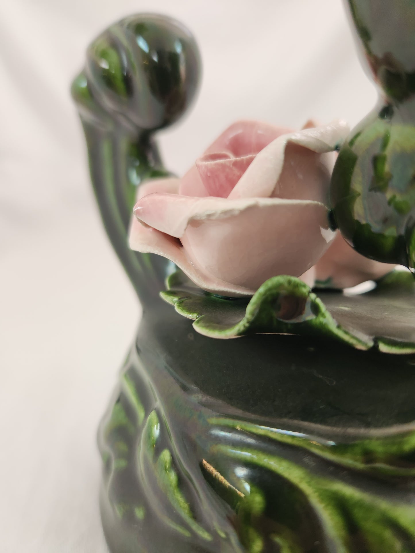 Green Ceramic Candle Holder w/Two Pink Capodimonte Style Roses