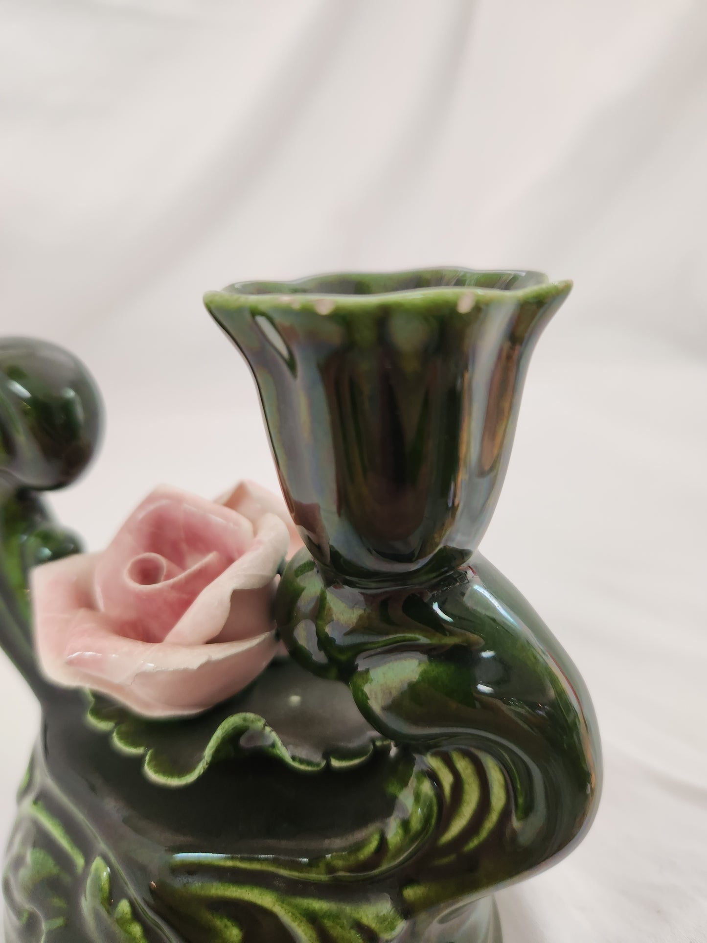 Green Ceramic Candle Holder w/Two Pink Capodimonte Style Roses