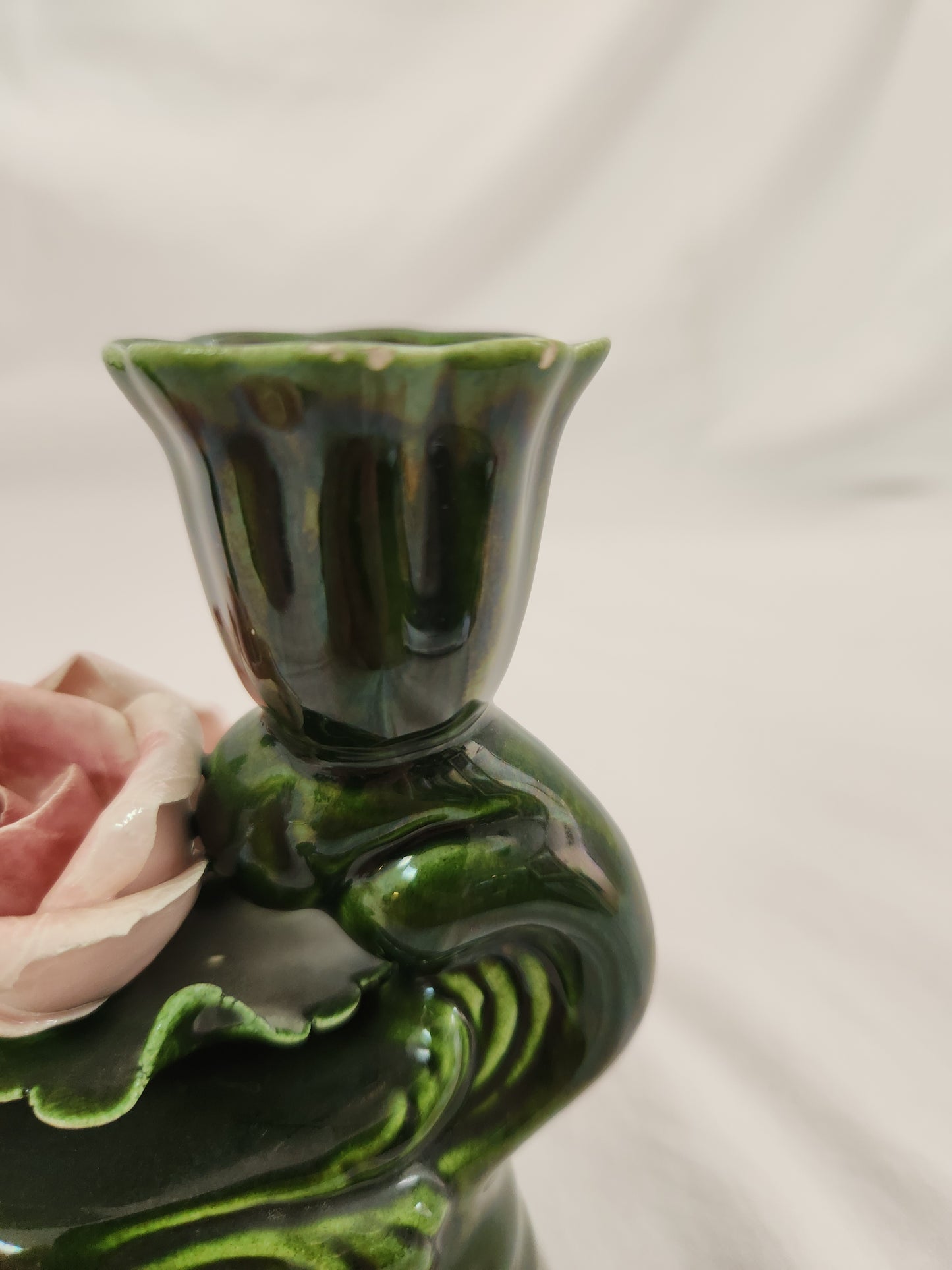 Green Ceramic Candle Holder w/Two Pink Capodimonte Style Roses