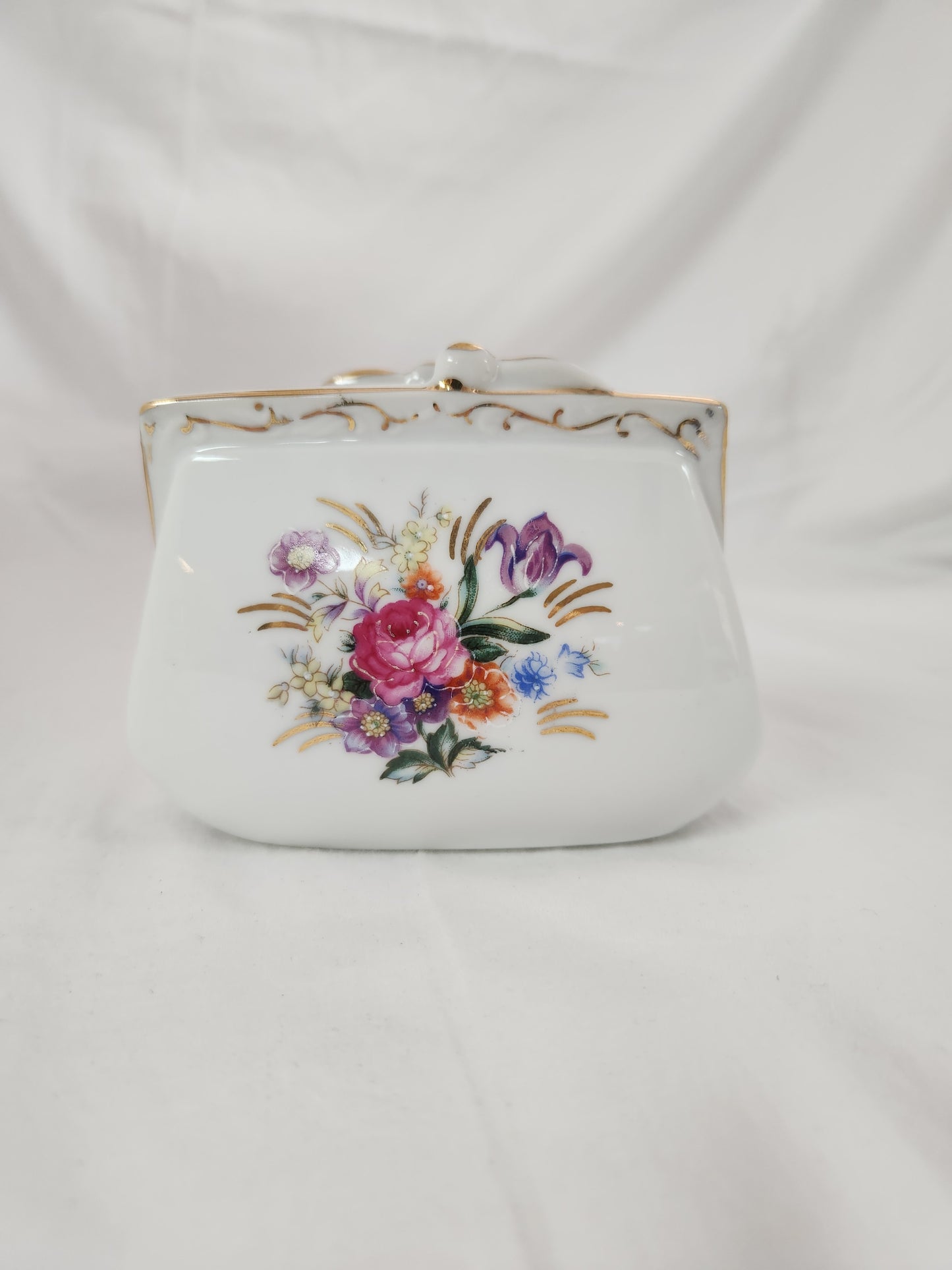 VTG - White Floral Ceramic Purse Planter #52/361