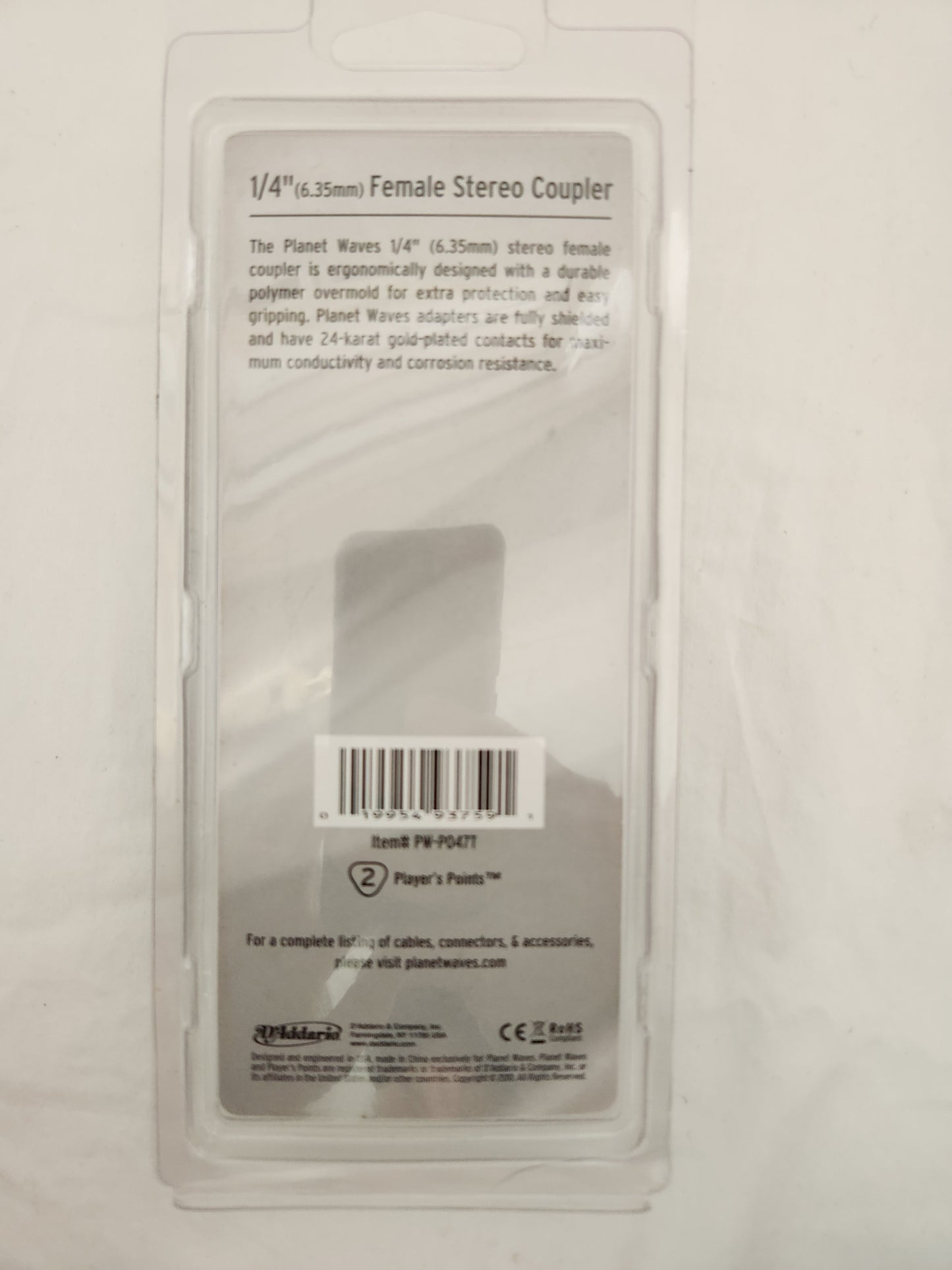 D'Addario Planet Waves 1/4" Female Stereo Coupler PW-P047T