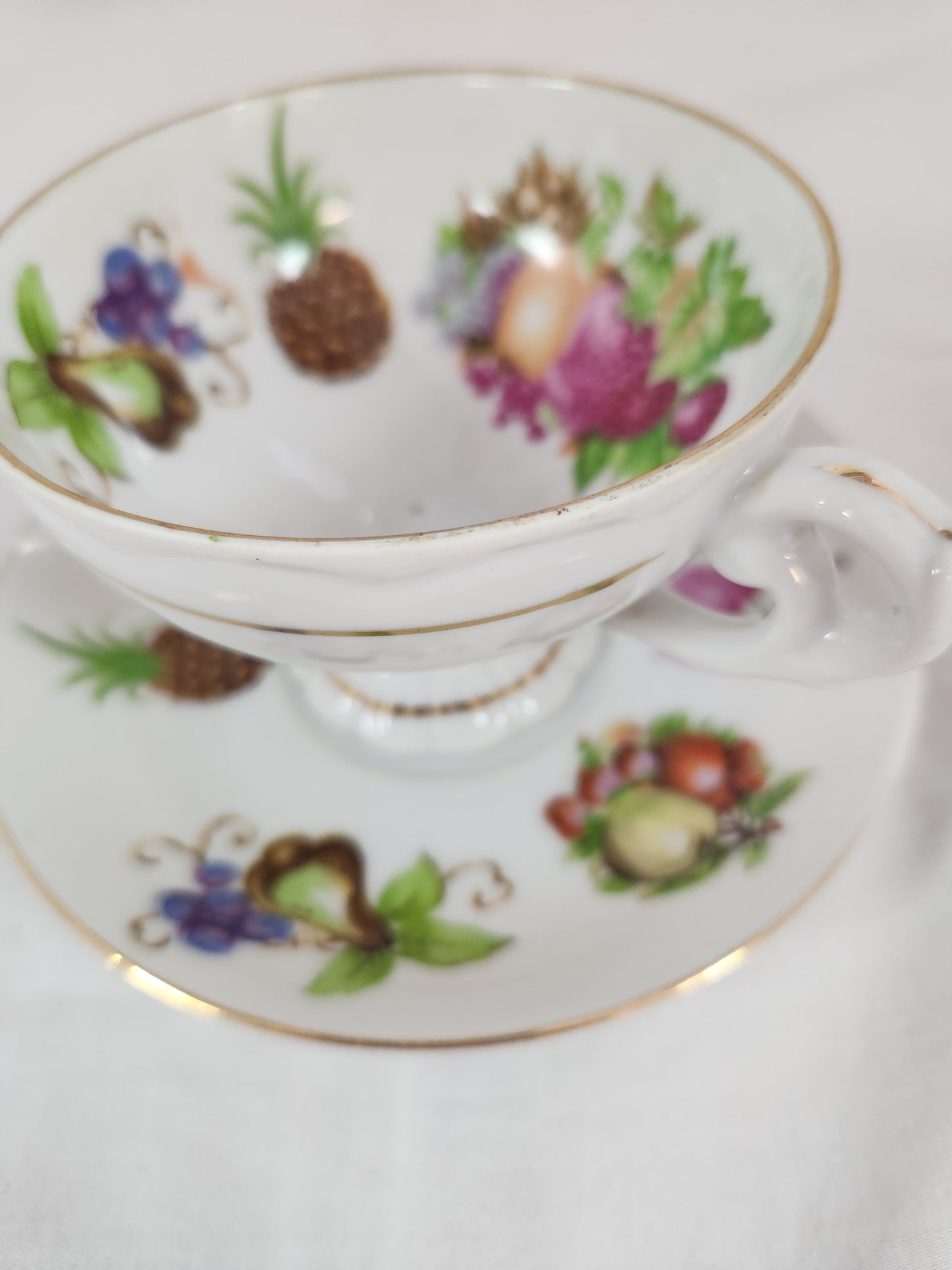 Fruit Motif Footed Tea Cup w/ Saucer made in Japan