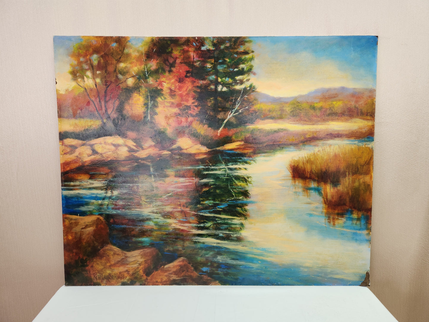 VTG - Karen Schmitz oil painting on hardboard "October Reflections" (slight damage)