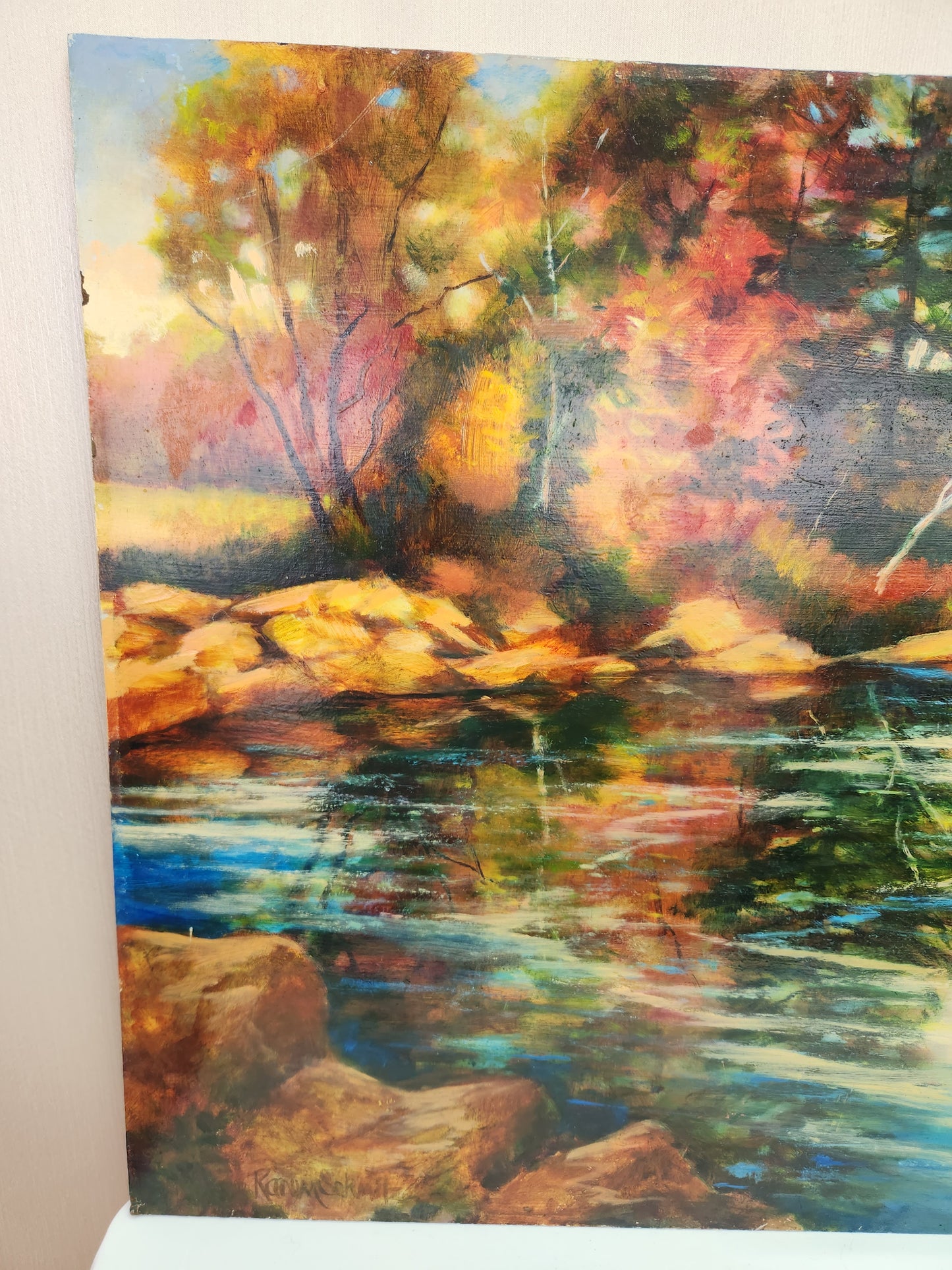VTG - Karen Schmitz oil painting on hardboard "October Reflections" (slight damage)