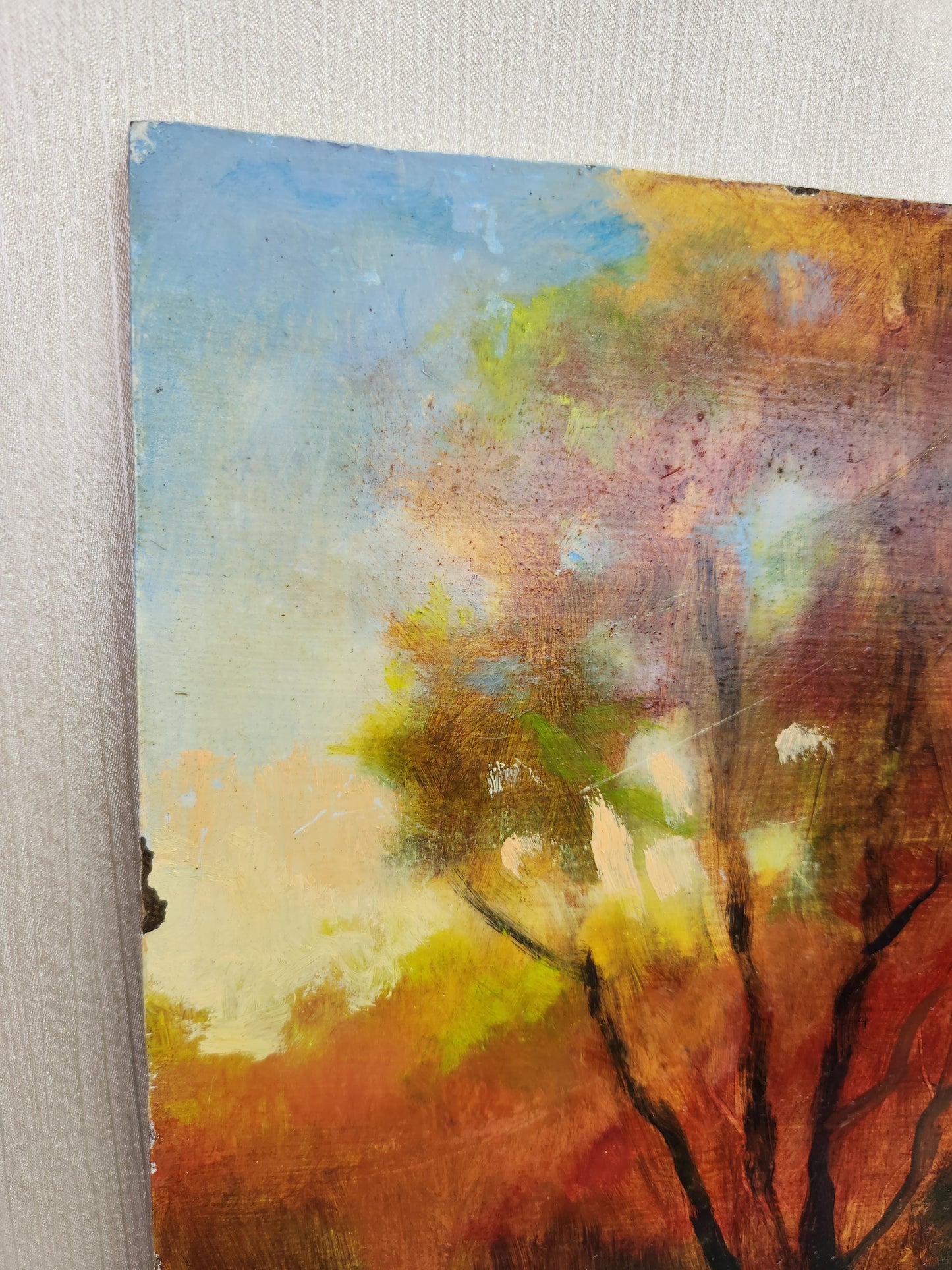 VTG - Karen Schmitz oil painting on hardboard "October Reflections" (slight damage)