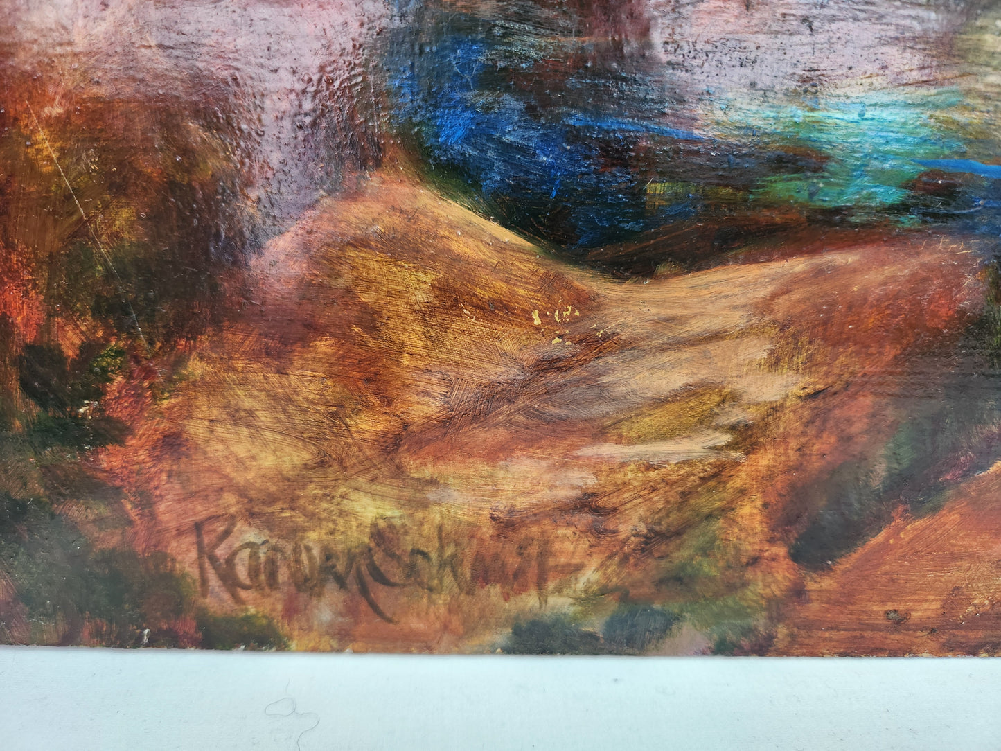VTG - Karen Schmitz oil painting on hardboard "October Reflections" (slight damage)