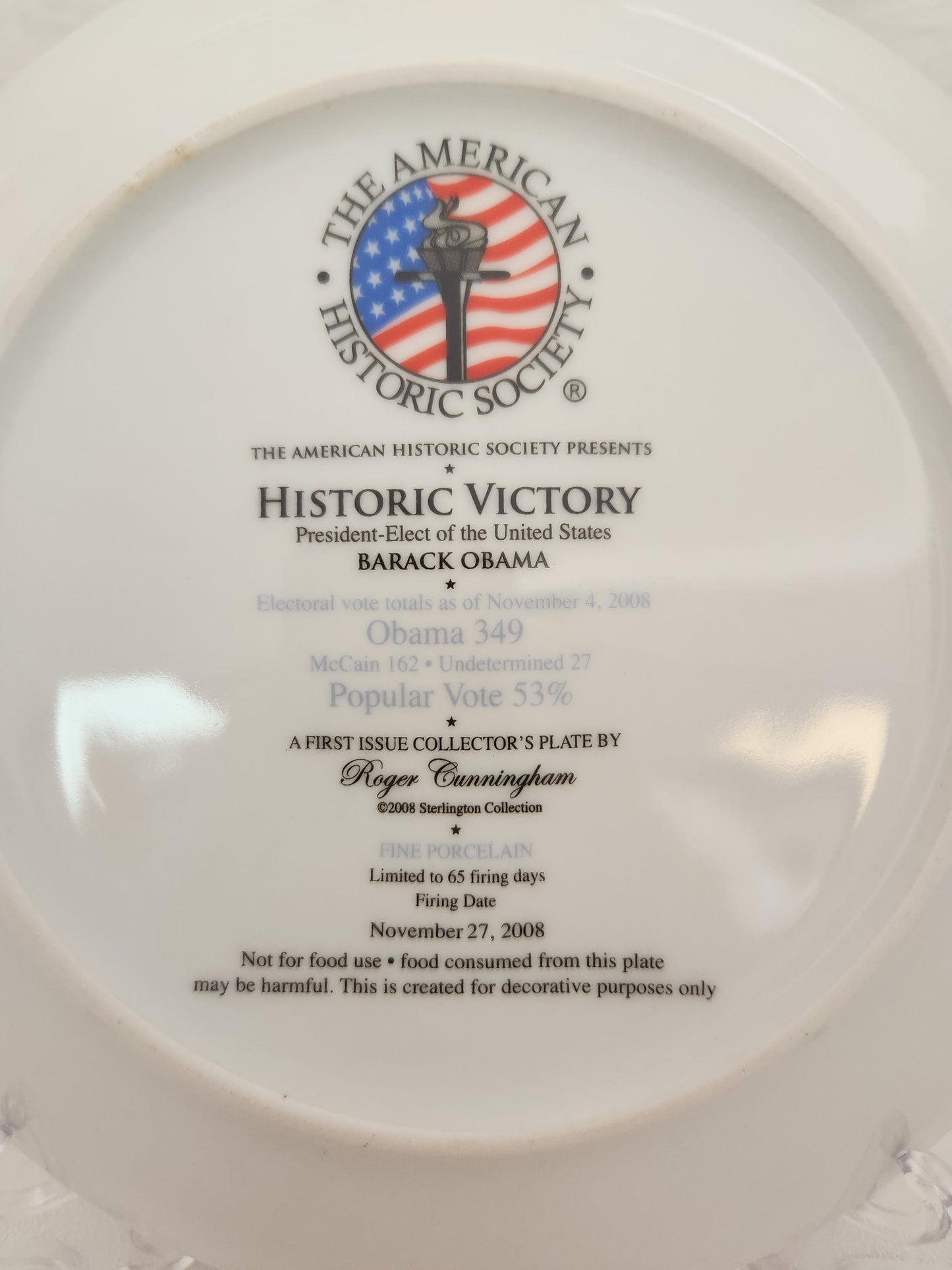 Historic Victory Barack Obama 22k Gold Rim Collectable Plate - Limited Edition