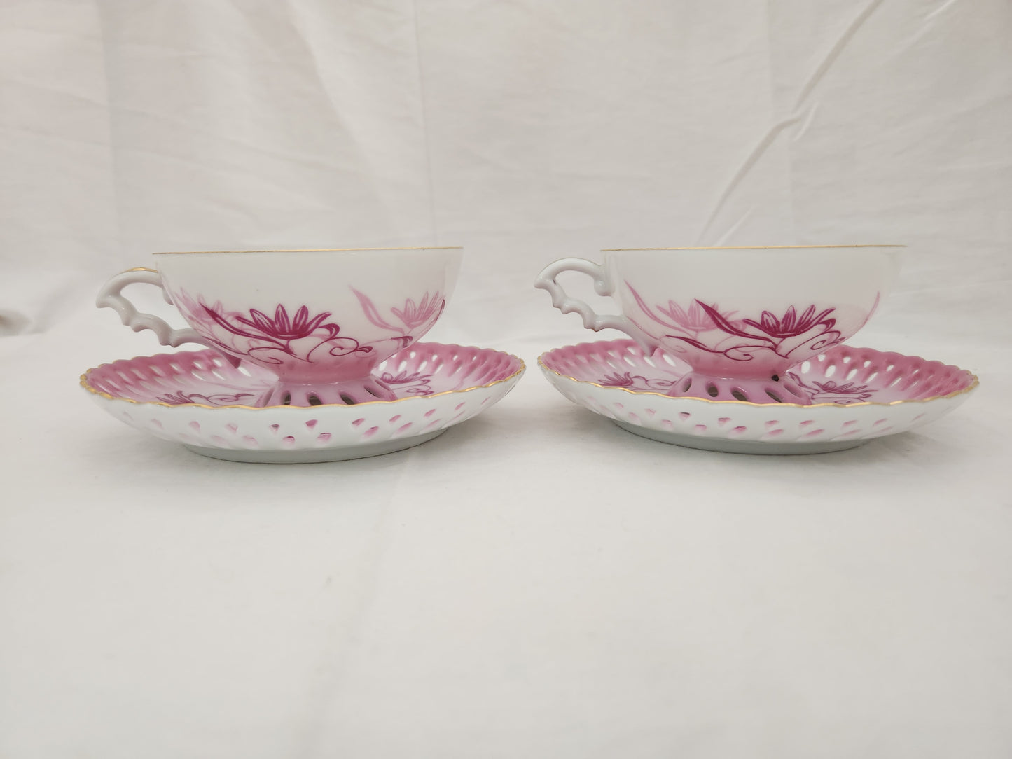 RARE - "Mano" Pink Floral Footed Tea Cup & Open Edge Saucer made in Occupied Japan - Set of 2