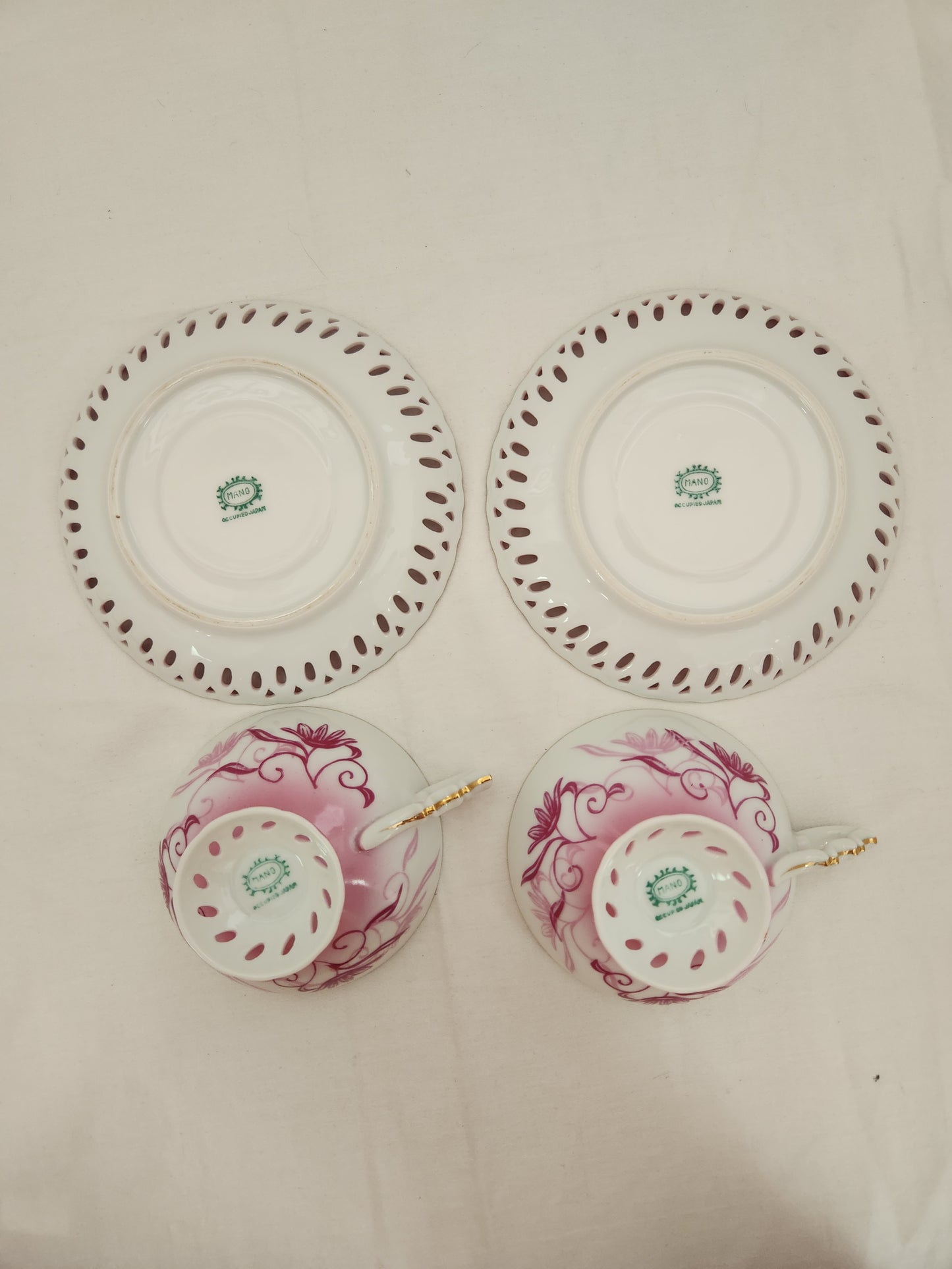 RARE - "Mano" Pink Floral Footed Tea Cup & Open Edge Saucer made in Occupied Japan - Set of 2