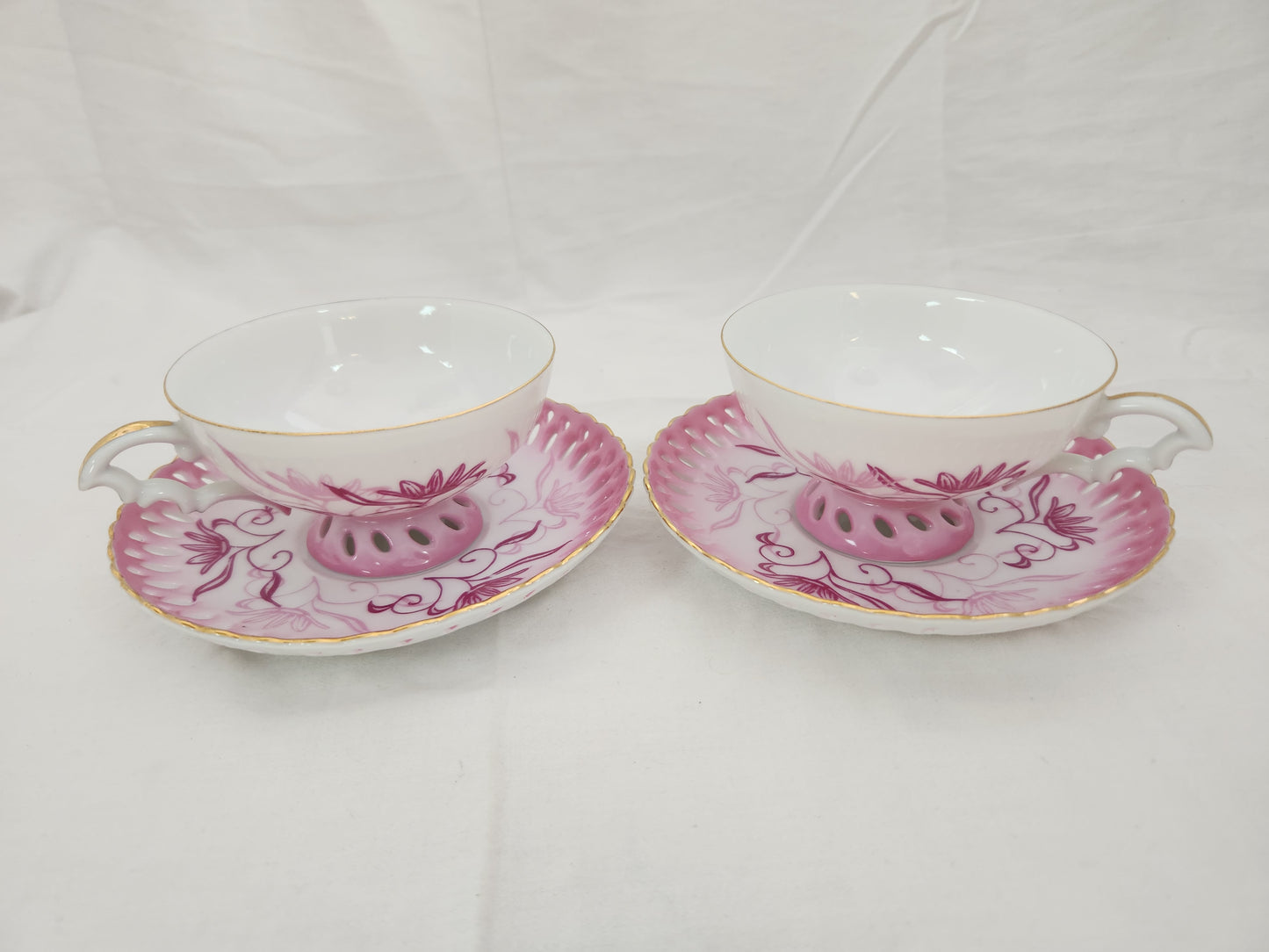 RARE - "Mano" Pink Floral Footed Tea Cup & Open Edge Saucer made in Occupied Japan - Set of 2