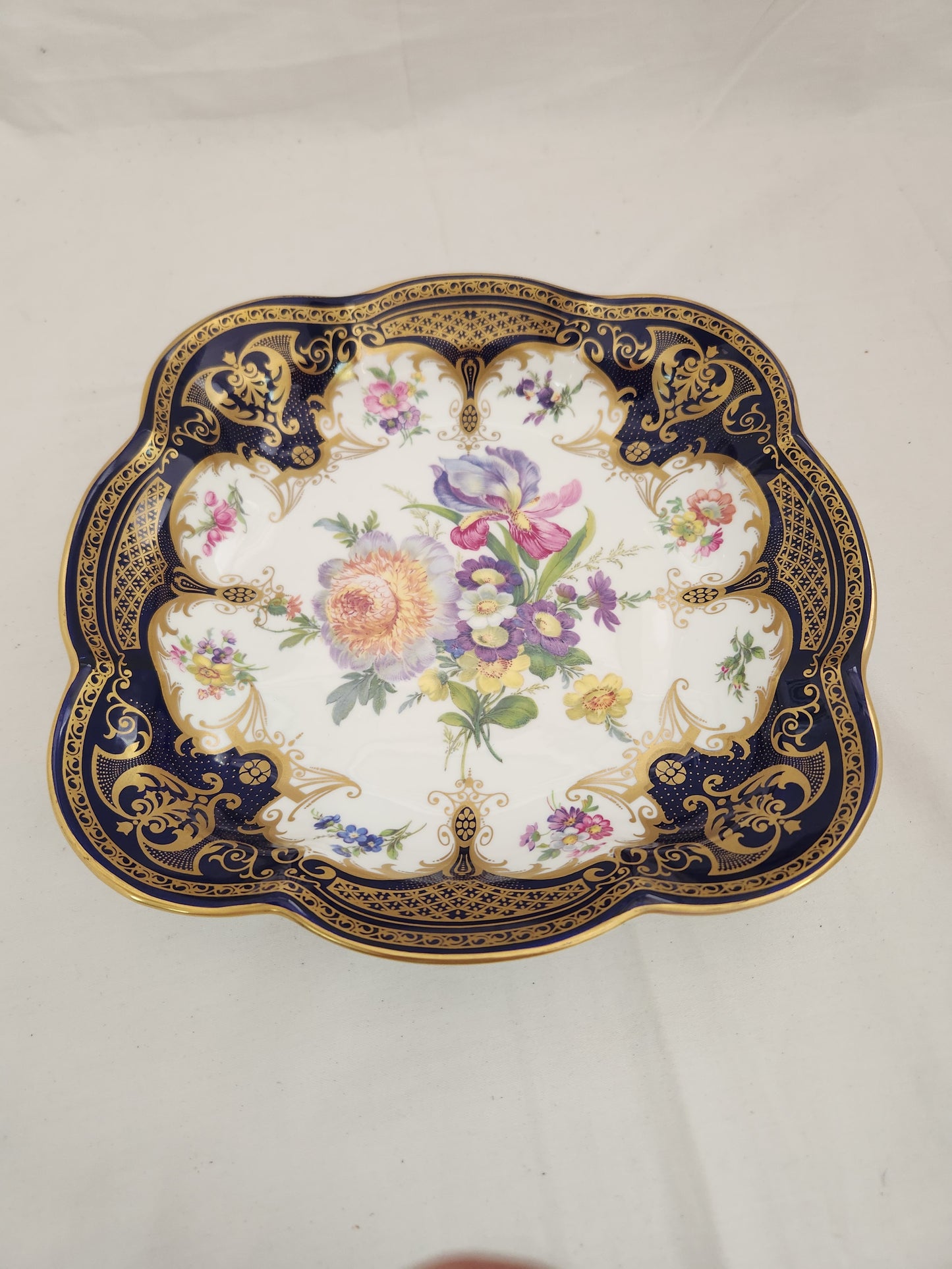 Elizabethan Staffordshire Cobalt Blue & Gold Floral Hand Decorated Square Serving Bowl