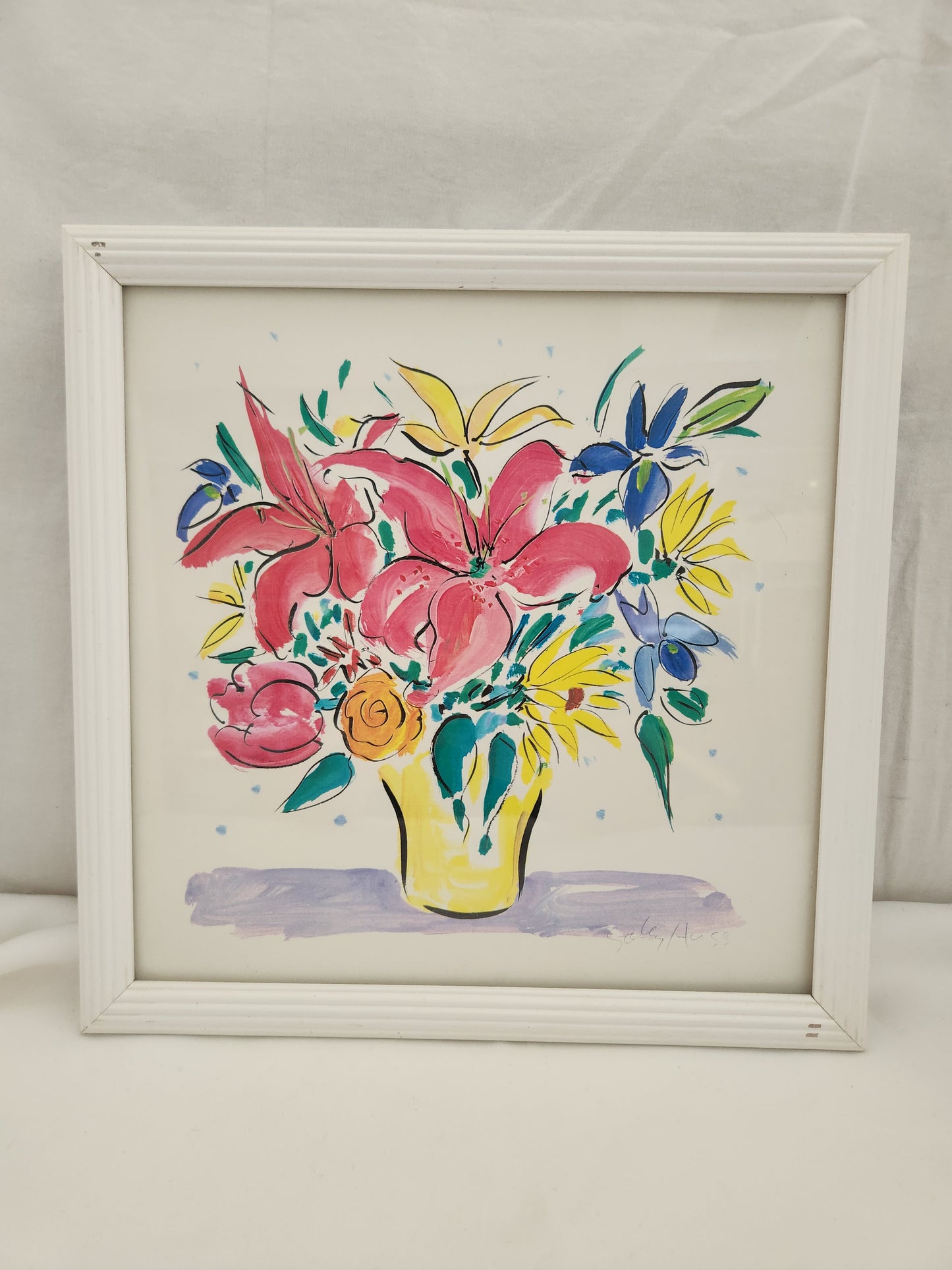 Sally Huss 12x12 Framed Signed Print "Flowers in a Yellow Vase"