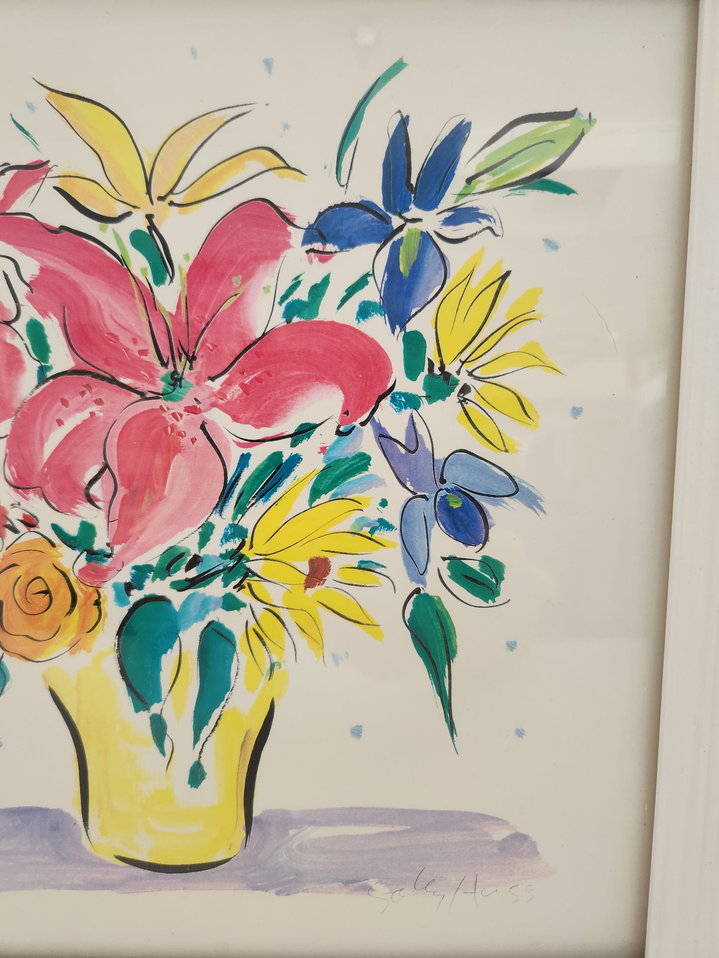 Sally Huss 12x12 Framed Signed Print "Flowers in a Yellow Vase"