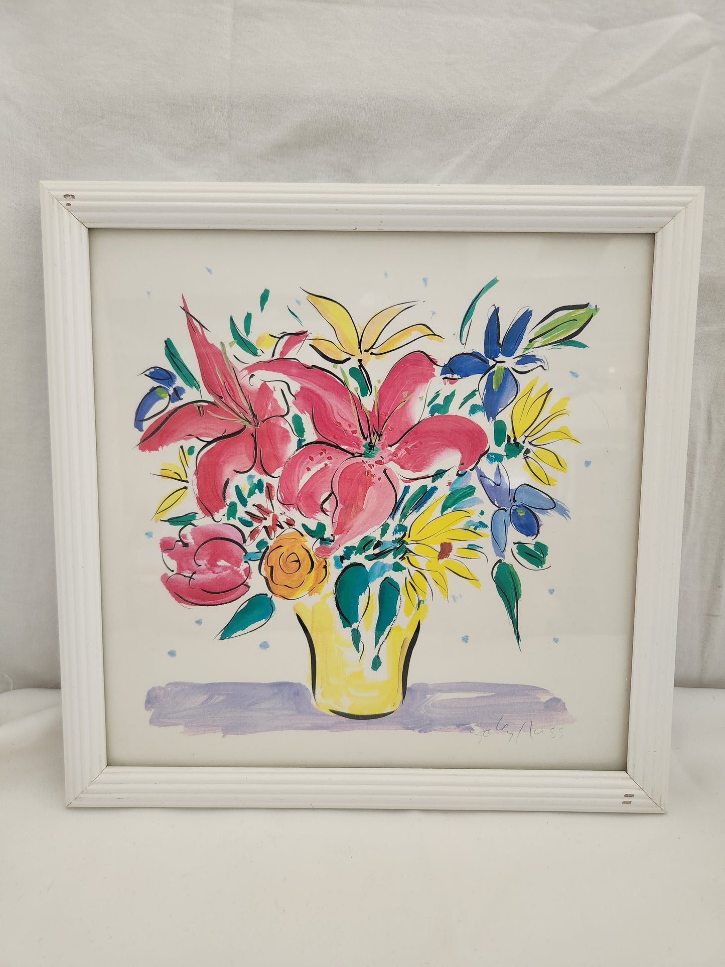 Sally Huss 12x12 Framed Signed Print "Flowers in a Yellow Vase"