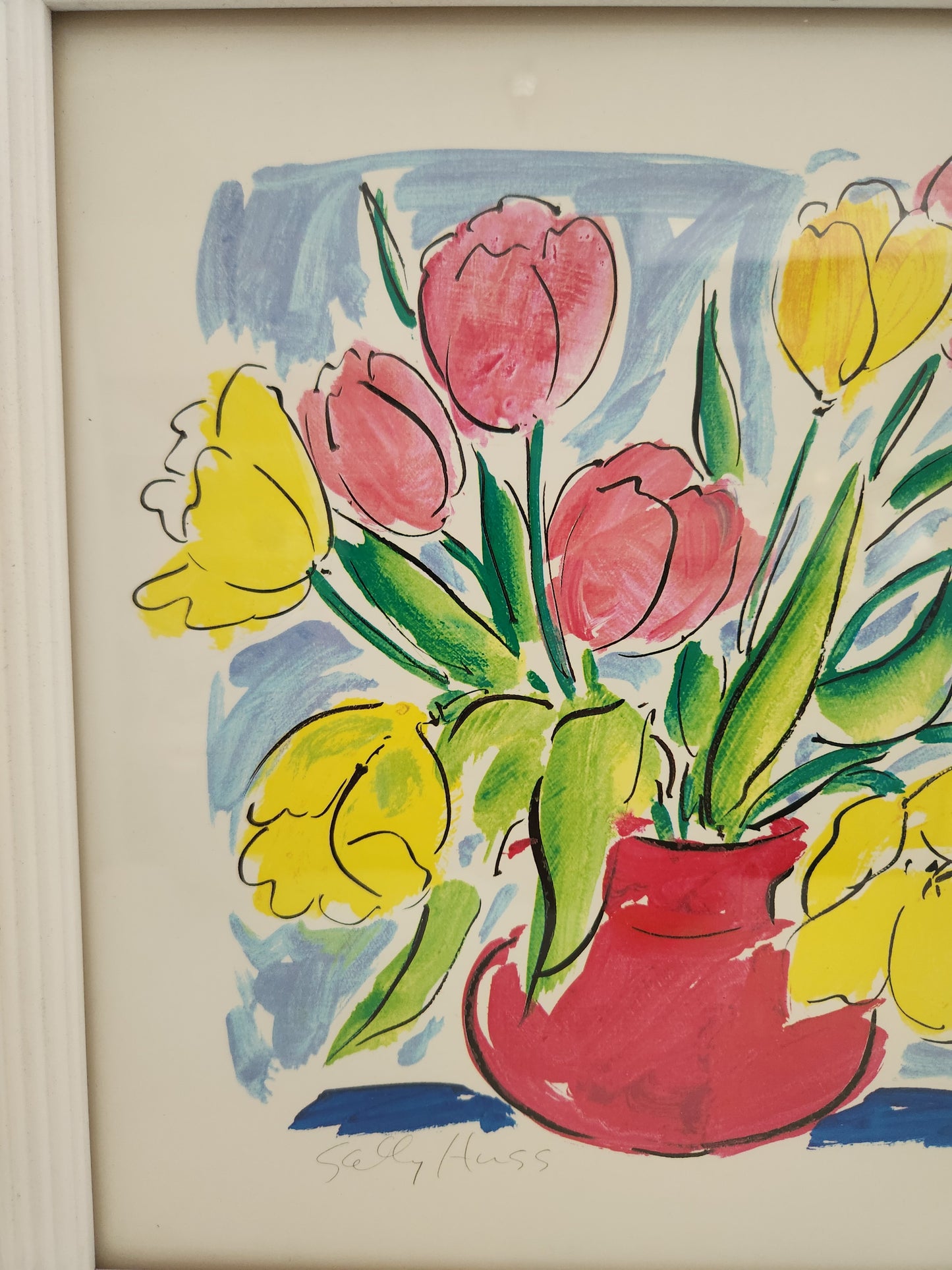 Sally Huss 12x12 Framed Signed Print "Flowers in a Red Vase"