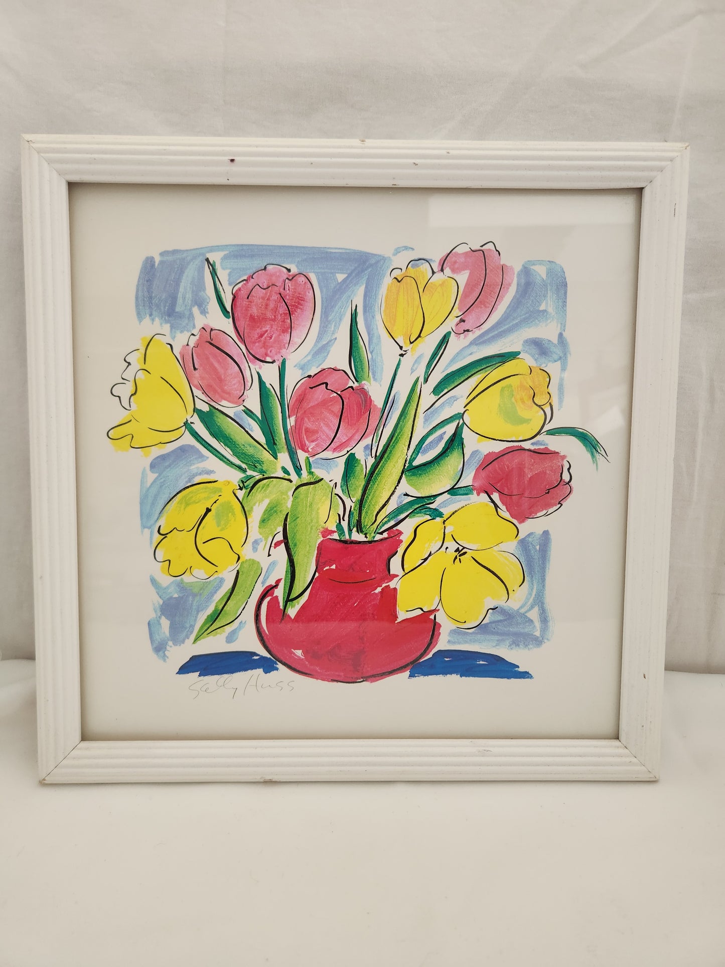 Sally Huss 12x12 Framed Signed Print "Flowers in a Red Vase"