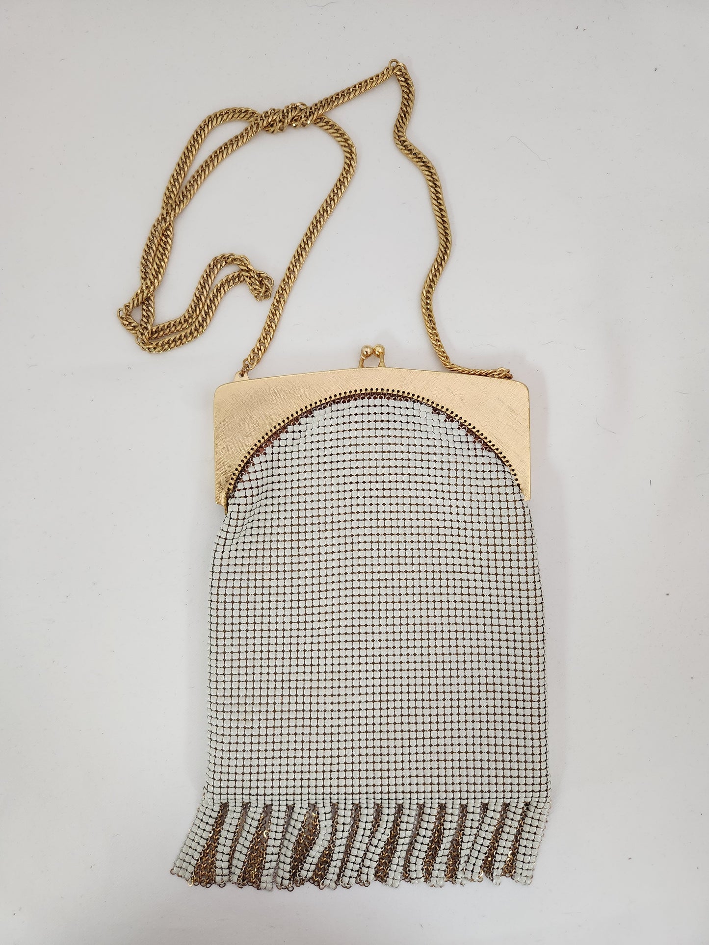 Vintage - Whiting & Davis Co Gold Mesh & White Enamel Fringed Flapper Bag