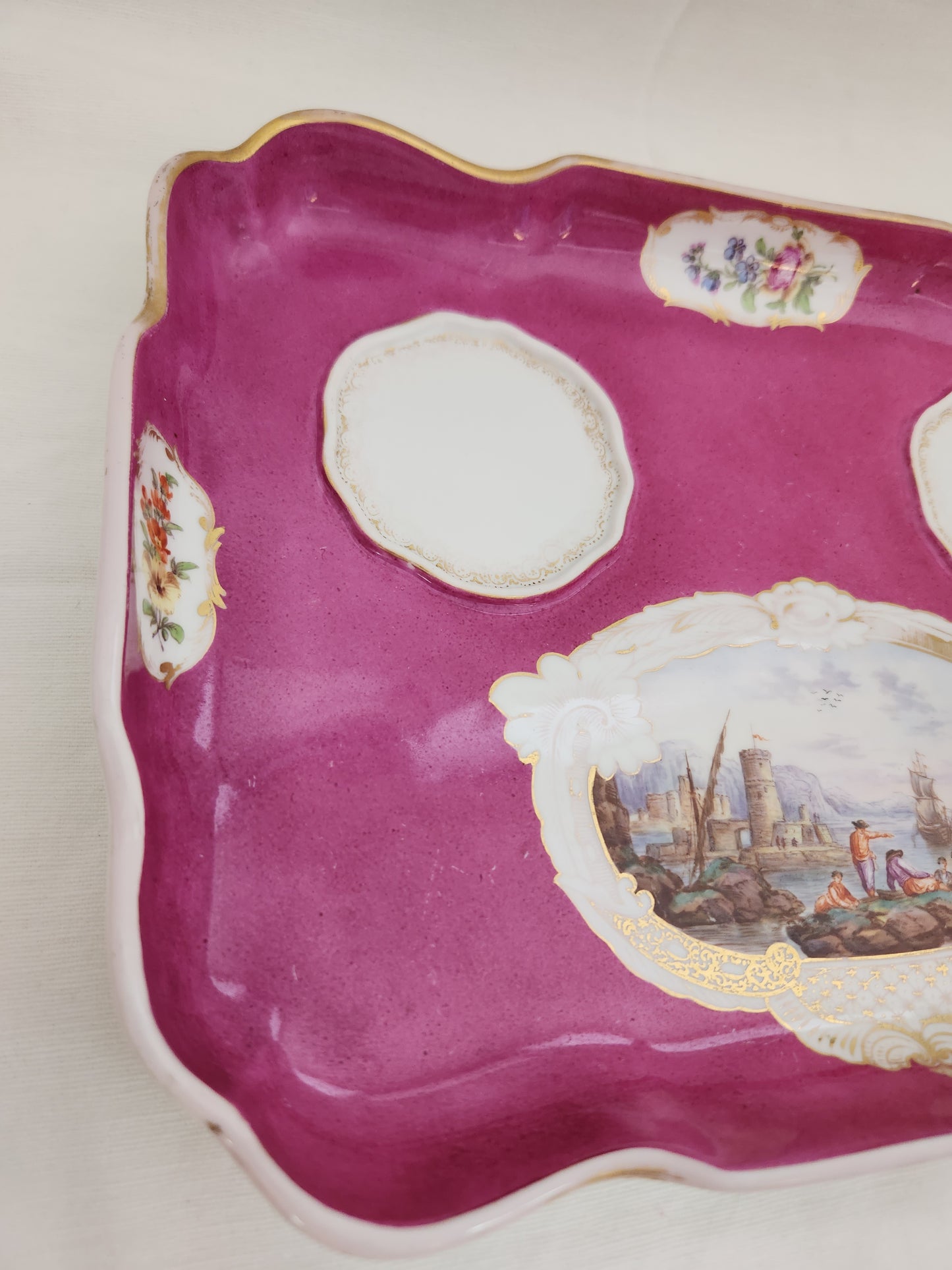 RARE - Meissen Fuschia Desk Tray, Pounce Pot & Inkwell Set (flaws)
