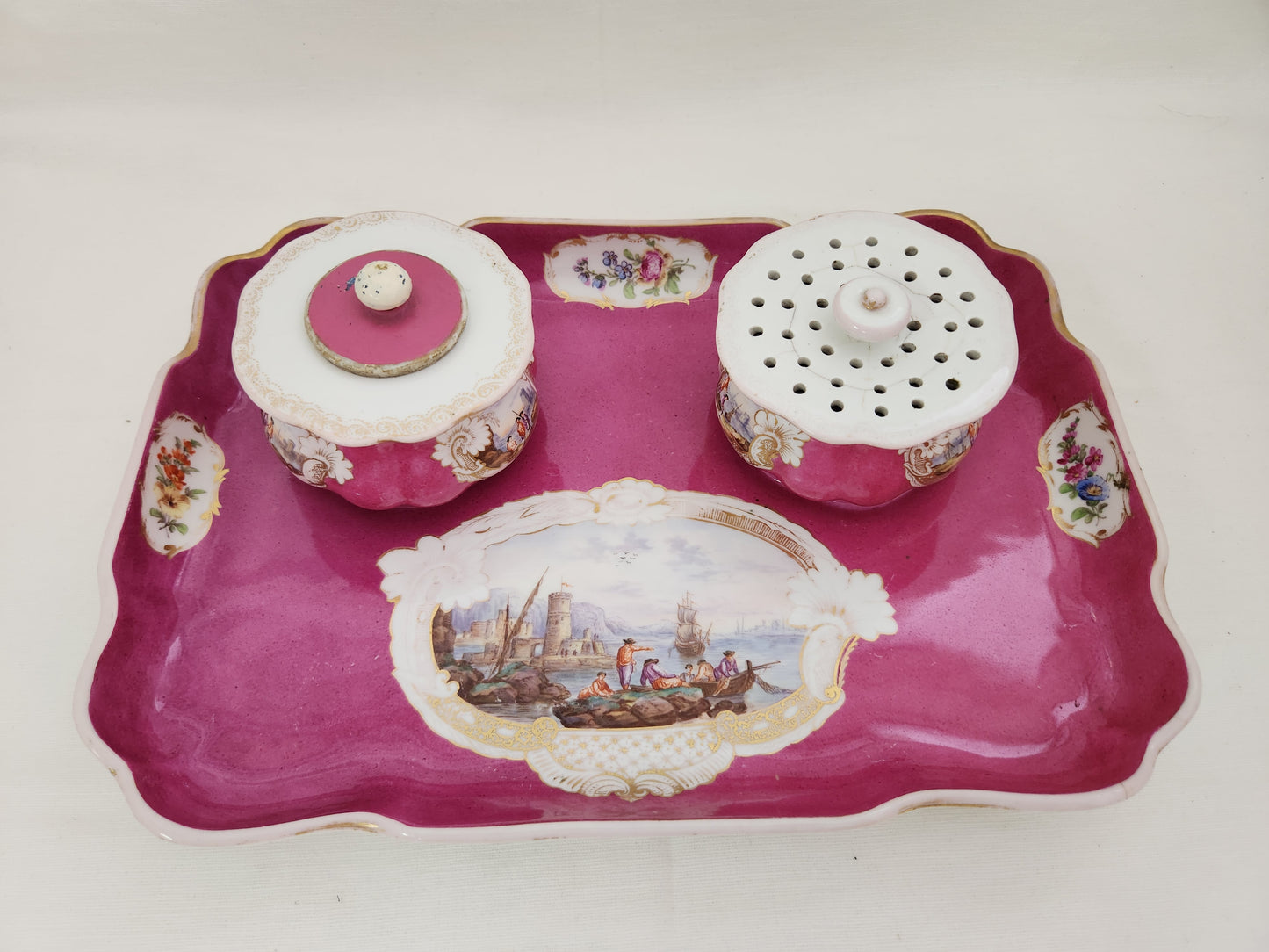 RARE - Meissen Fuschia Desk Tray, Pounce Pot & Inkwell Set (flaws)