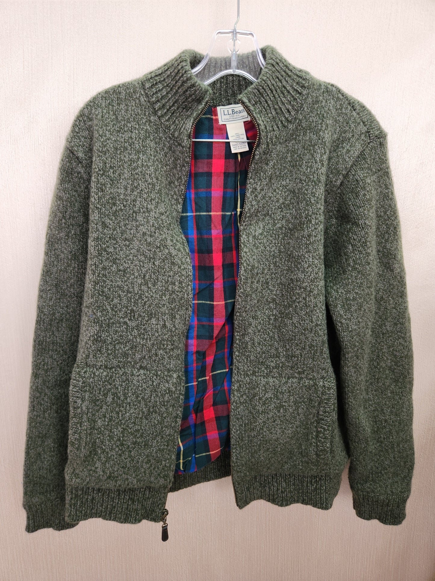 LL Bean Green Lambswool Full Zip Cardigan Sweater - Size: M(reg)