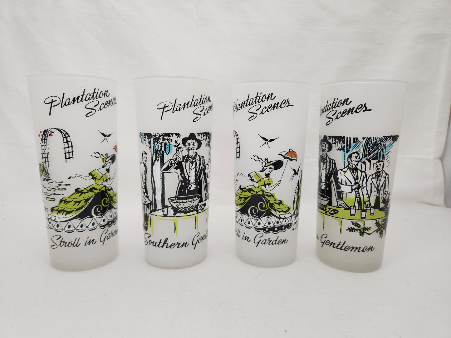 Set of 4 - Libbey Plantation Scenes Frosted Tea Glasses